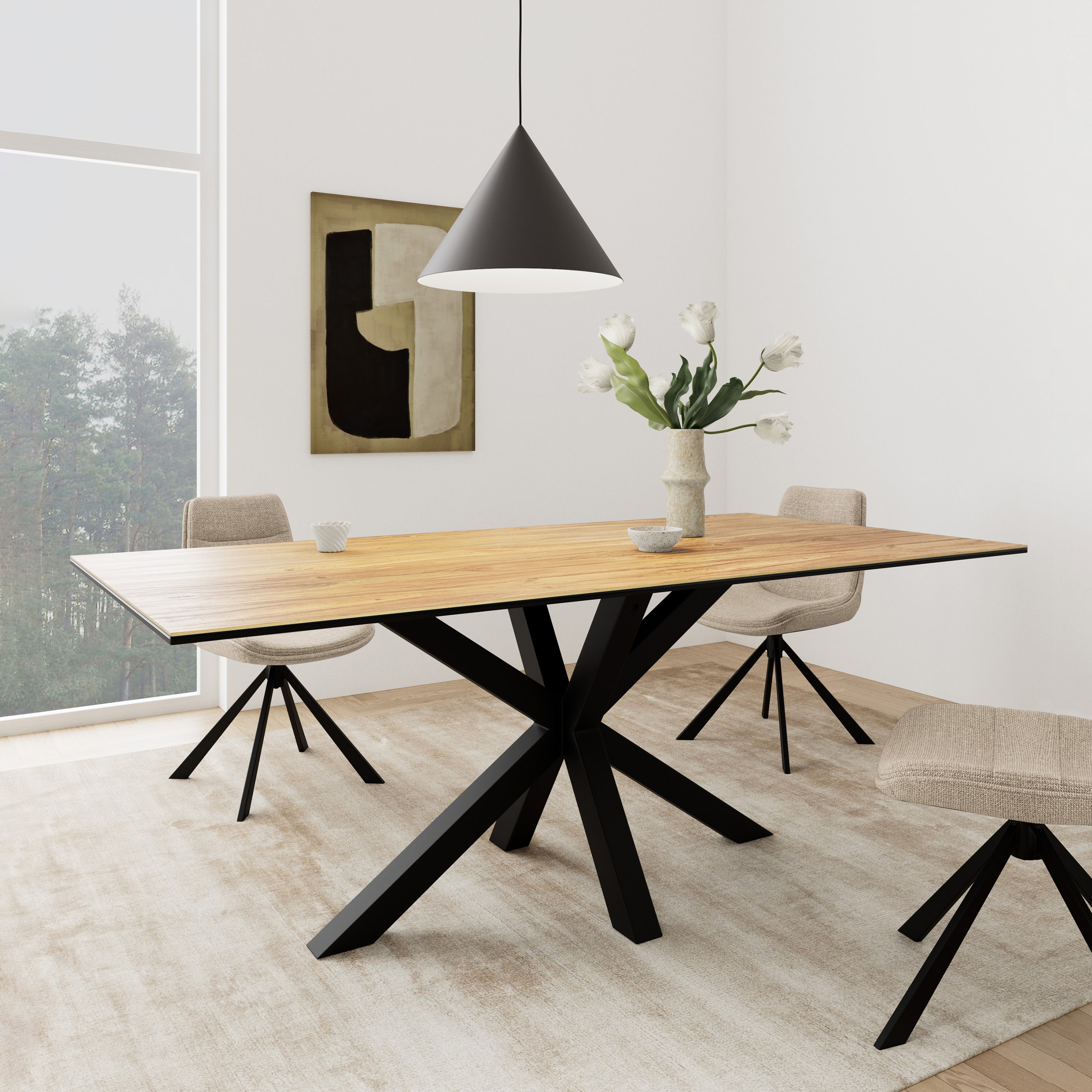 Heaven Dining Table with Wild Oak Ceramic Glass Top in Black 200x100cm