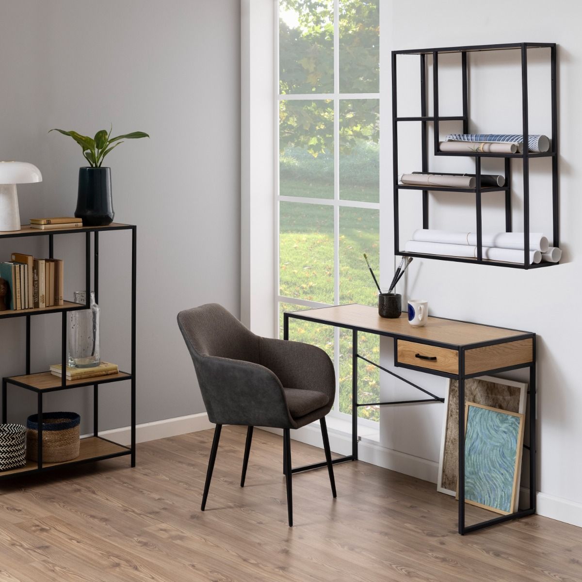 Seaford Black Metal Wide Wall Shelf with 3 Additional Oak Shelves – FTG, view 6