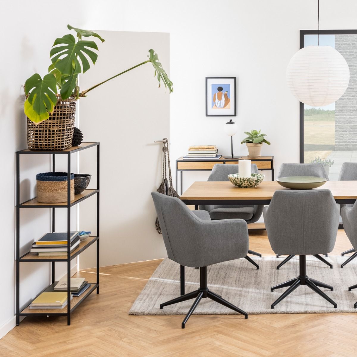 Seaford Black Metal Low Bookcase with 3 Oak Shelves – FTG, view 5