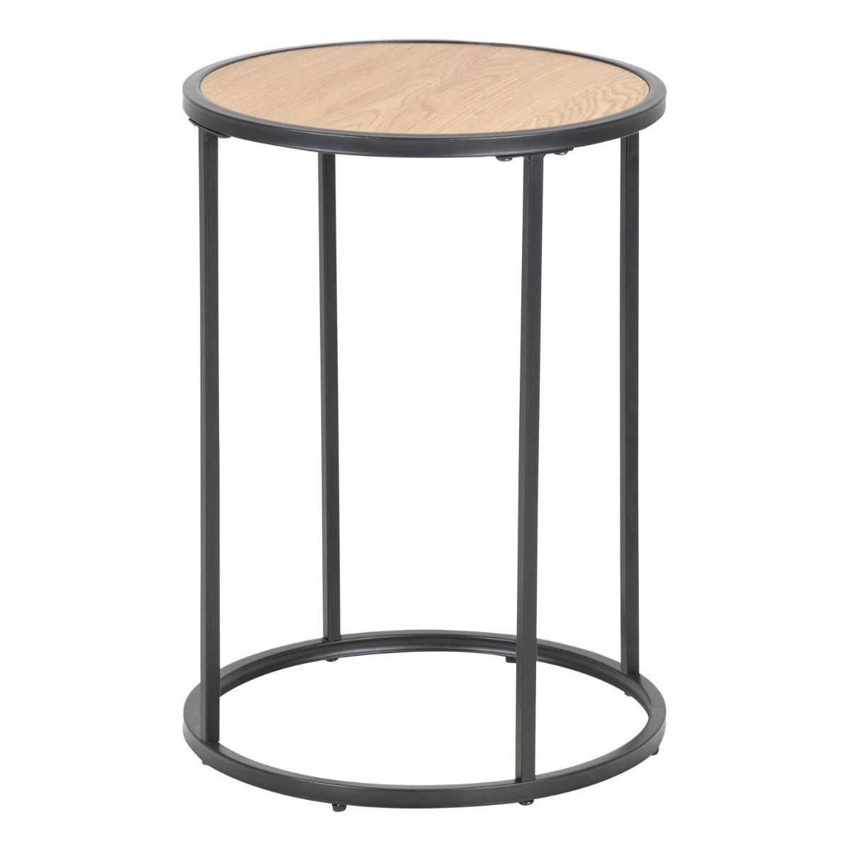 Seaford Black Metal Small Round Side Table with Oak Top – FTG, view 2