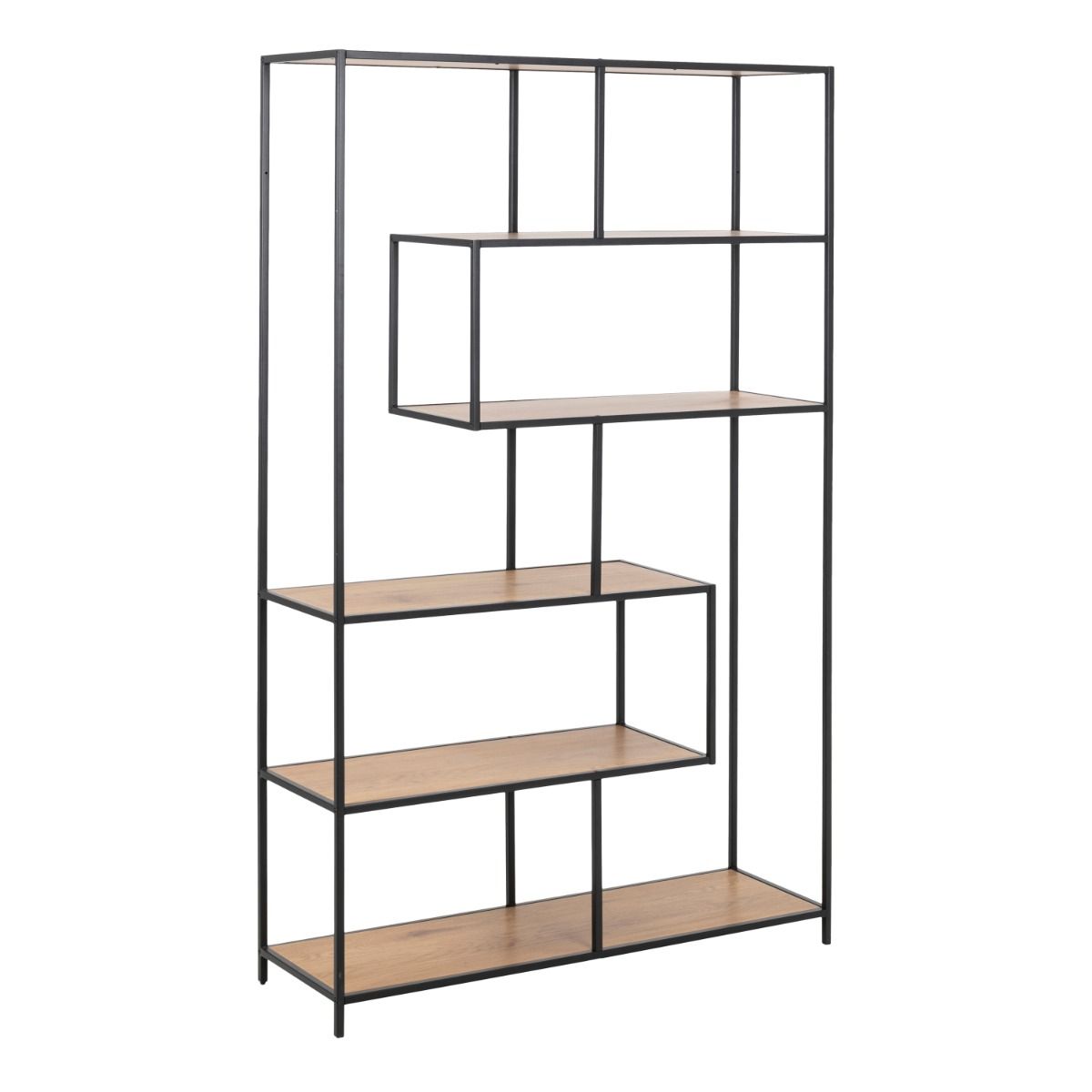 Seaford Black Metal Large Asymmetrical Bookcase with 5 Oak Shelves – FTG