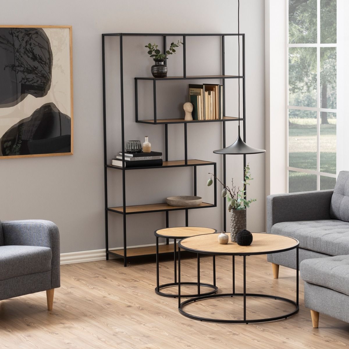 Seaford Black Metal Large Asymmetrical Bookcase with 5 Oak Shelves – FTG, view 2