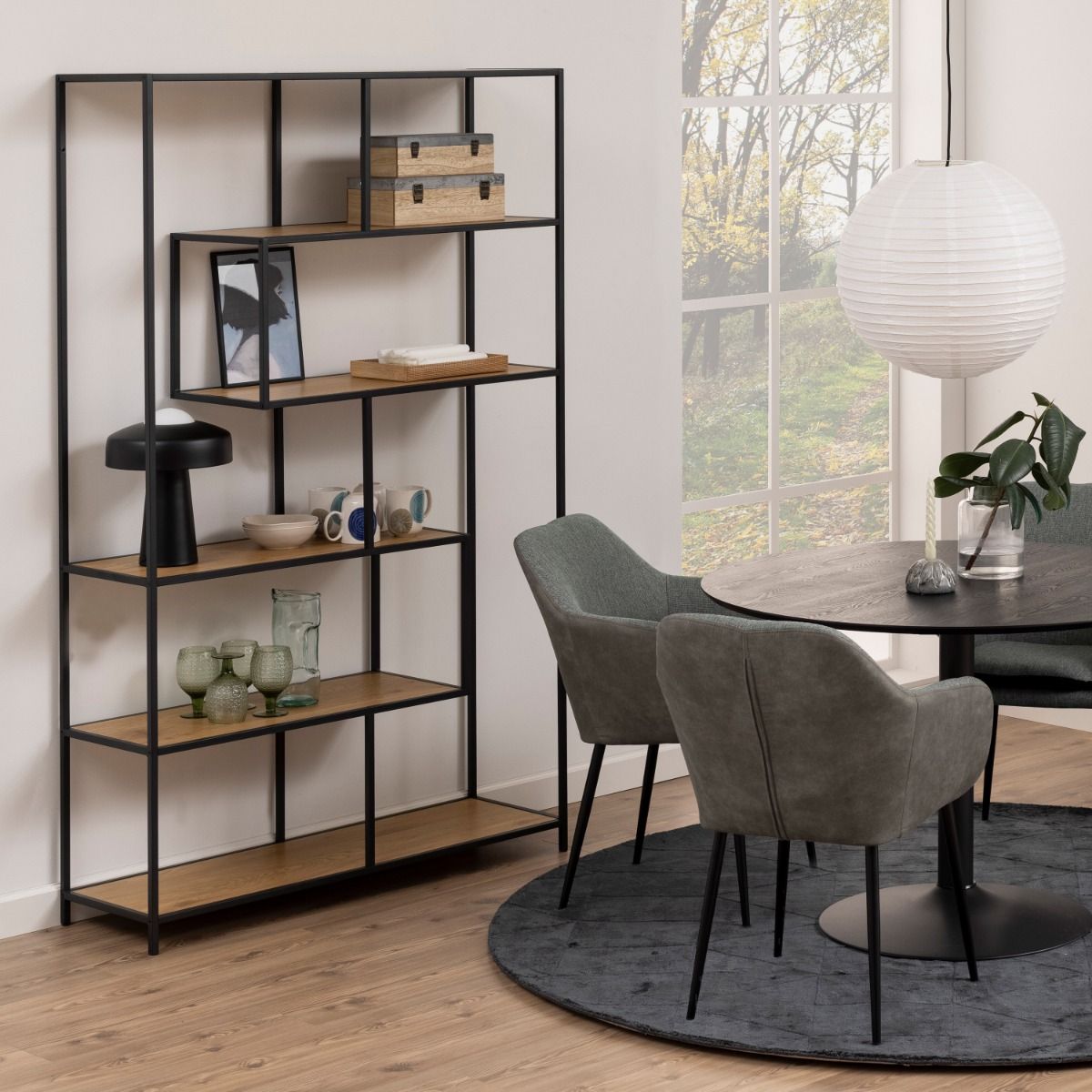 Seaford Black Metal Large Asymmetrical Bookcase with 5 Oak Shelves – FTG, view 5