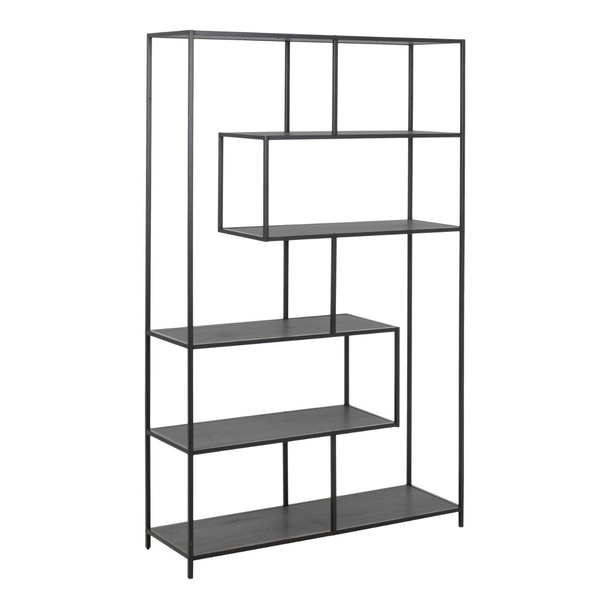 Seaford Black Metal Large Asymmetrical Bookcase with 5 Black Shelves – FTG