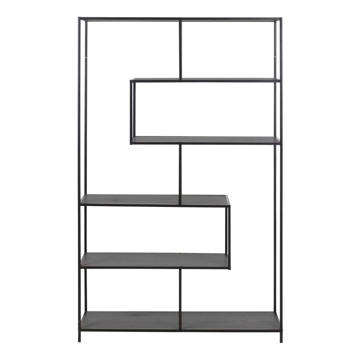 Seaford Black Metal Large Asymmetrical Bookcase with 5 Black Shelves – FTG, view 2