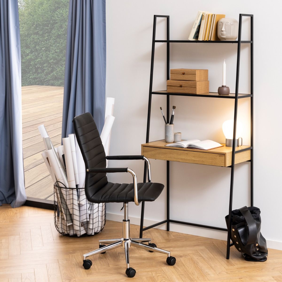 Seaford Bookcase Desk with 1 Drawer in Black and Oak – FTG, view 5