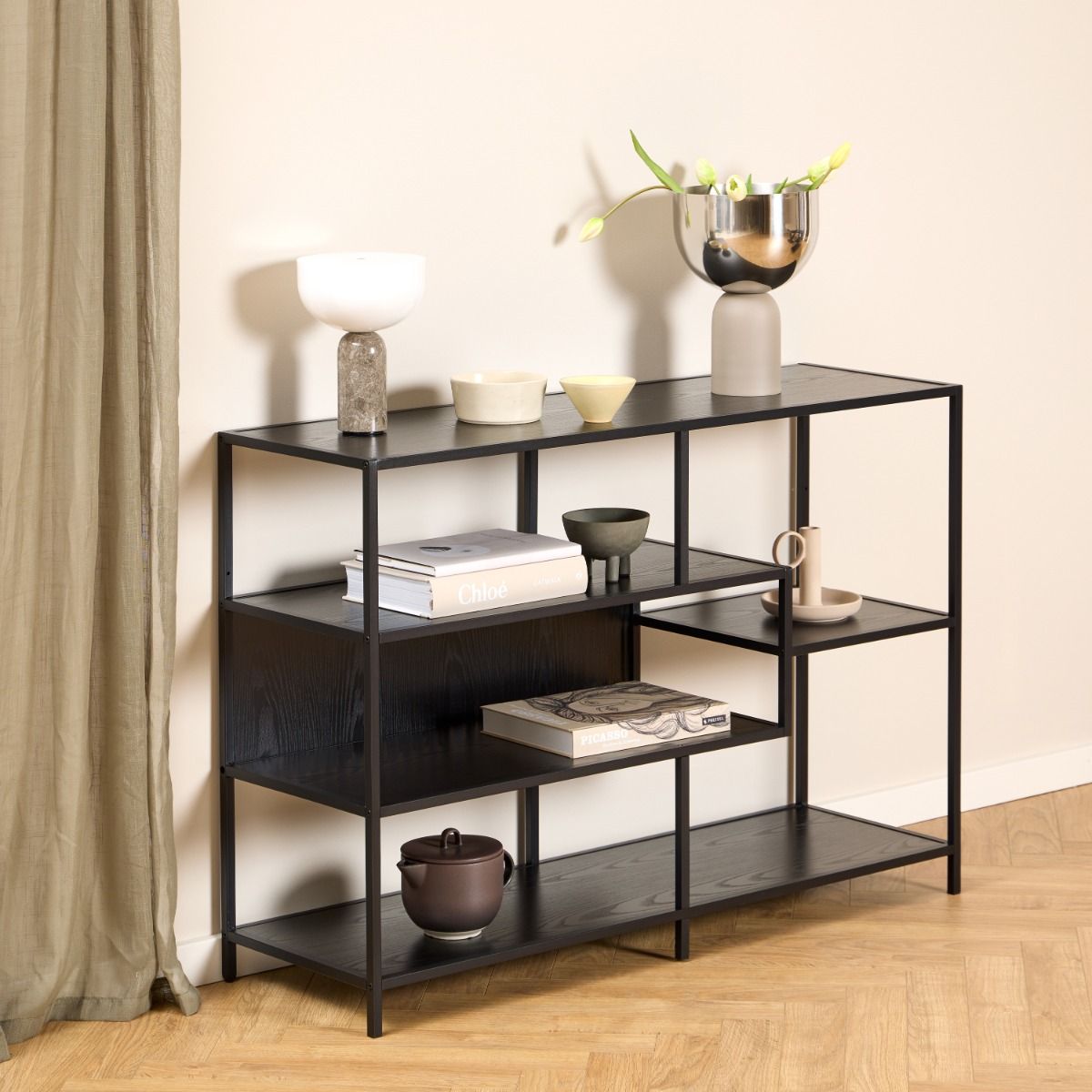 Seaford Wide Ash Black Metal Bookcase With 4 Black Ash Shelves – FTG, view 5