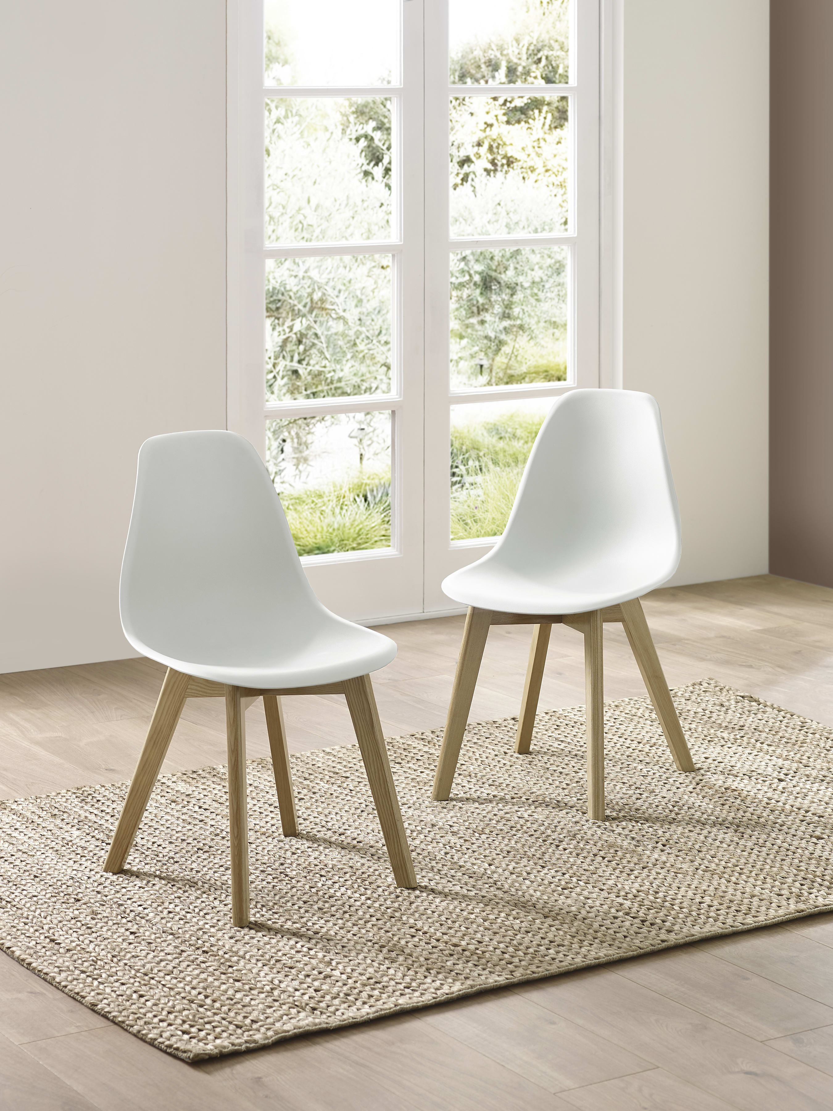 Set of 2 Agatha White Plastic Dining Chairs with Wooden Legs