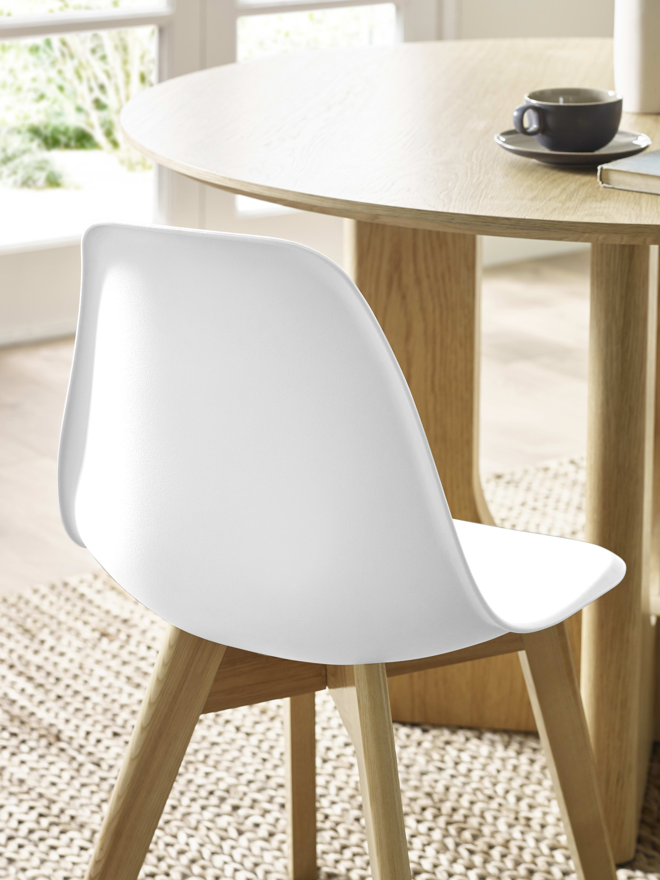 Set of 2 Agatha White Plastic Dining Chairs with Wooden Legs