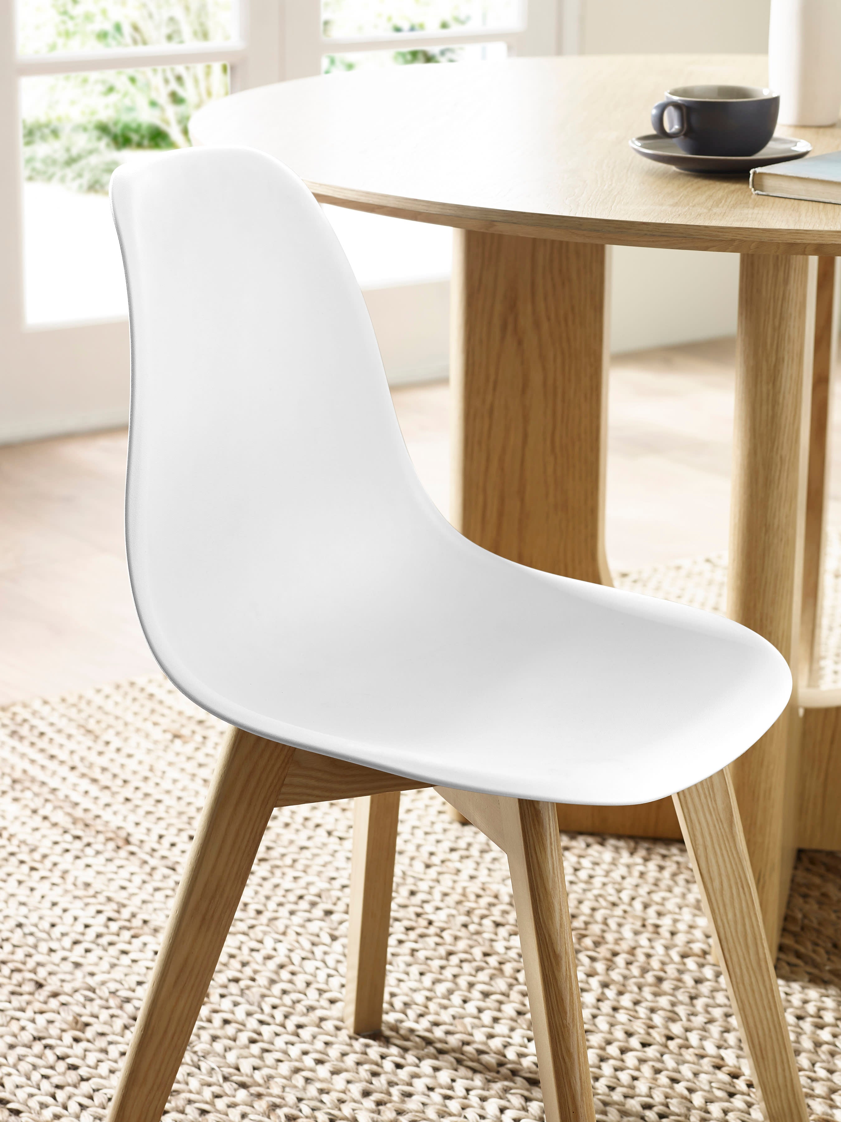 Set of 2 Agatha White Plastic Dining Chairs with Wooden Legs