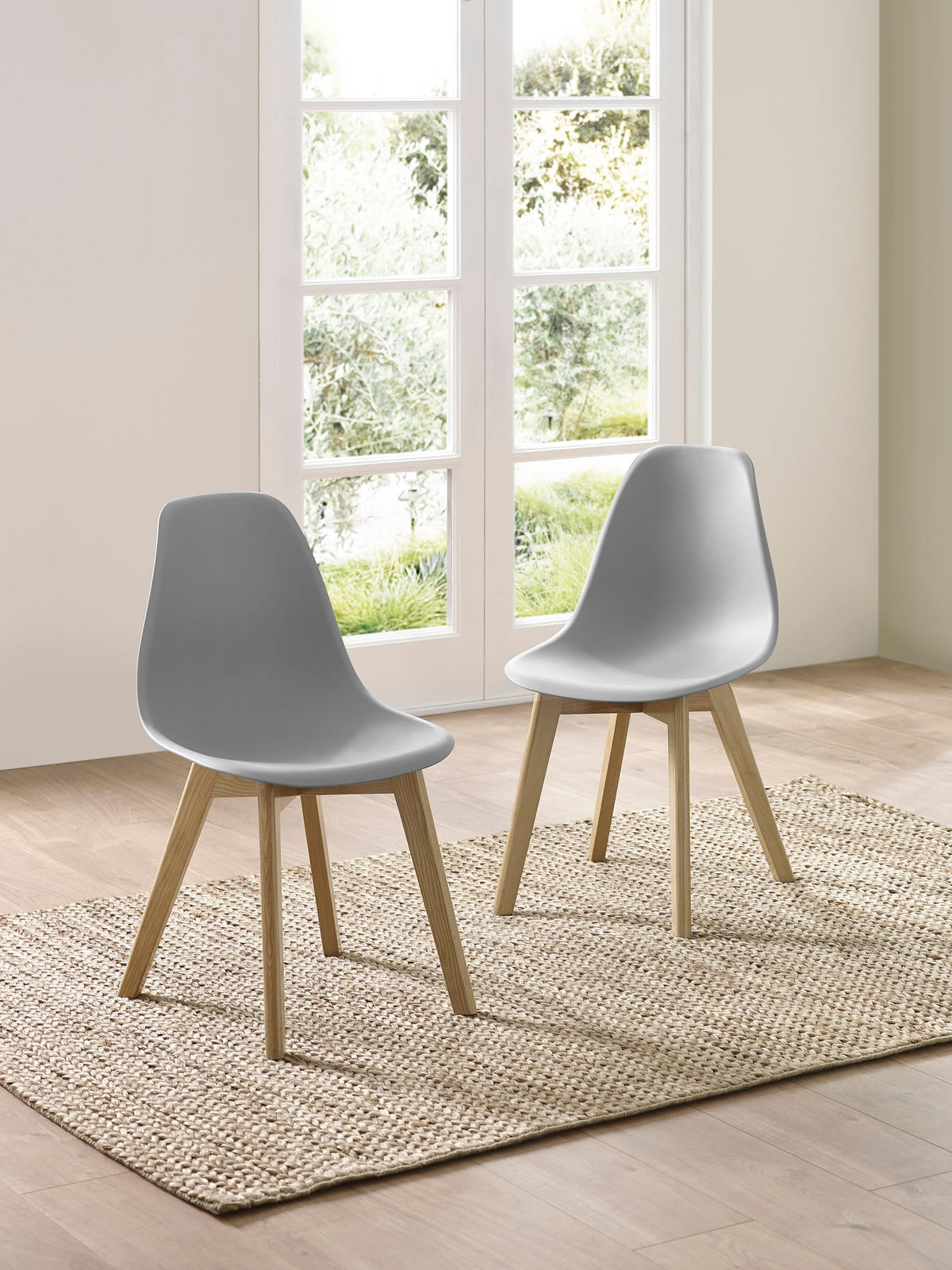 Set of 2 Agatha Grey Plastic Dining Chairs with Wooden Legs