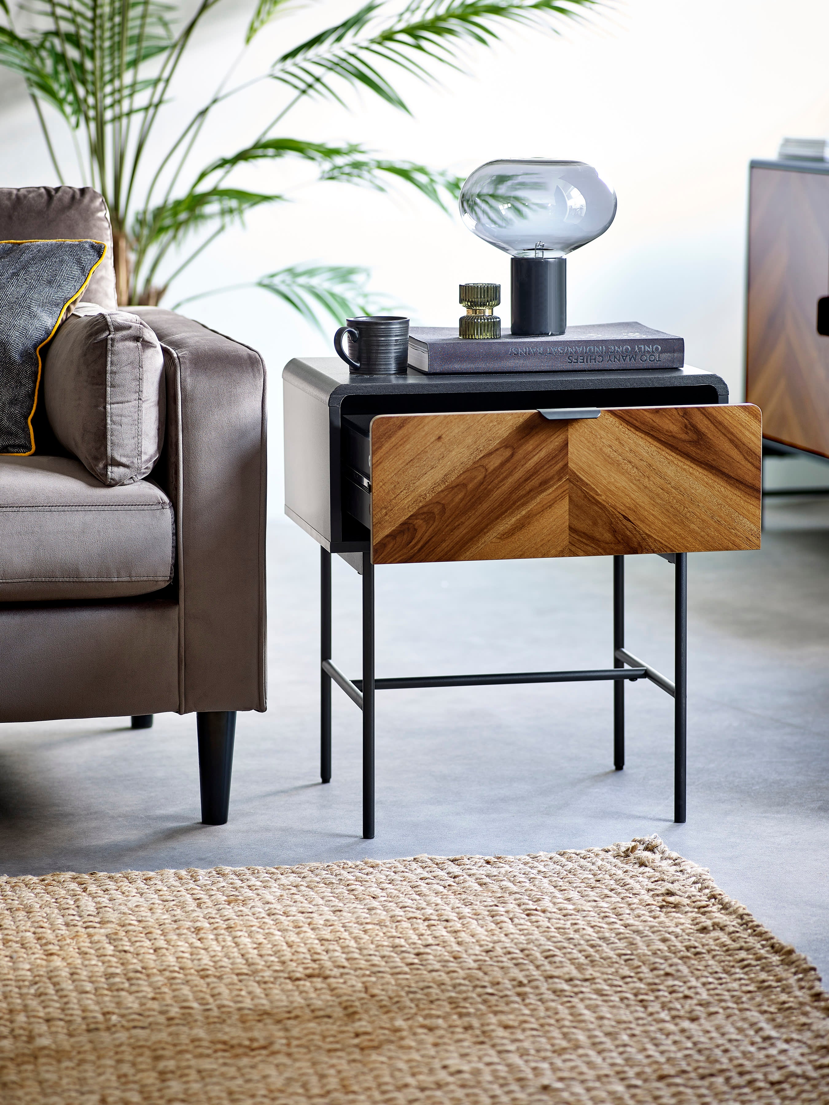 Alvin Black and Natural Wood‑effect 1 Drawer Lamp Table