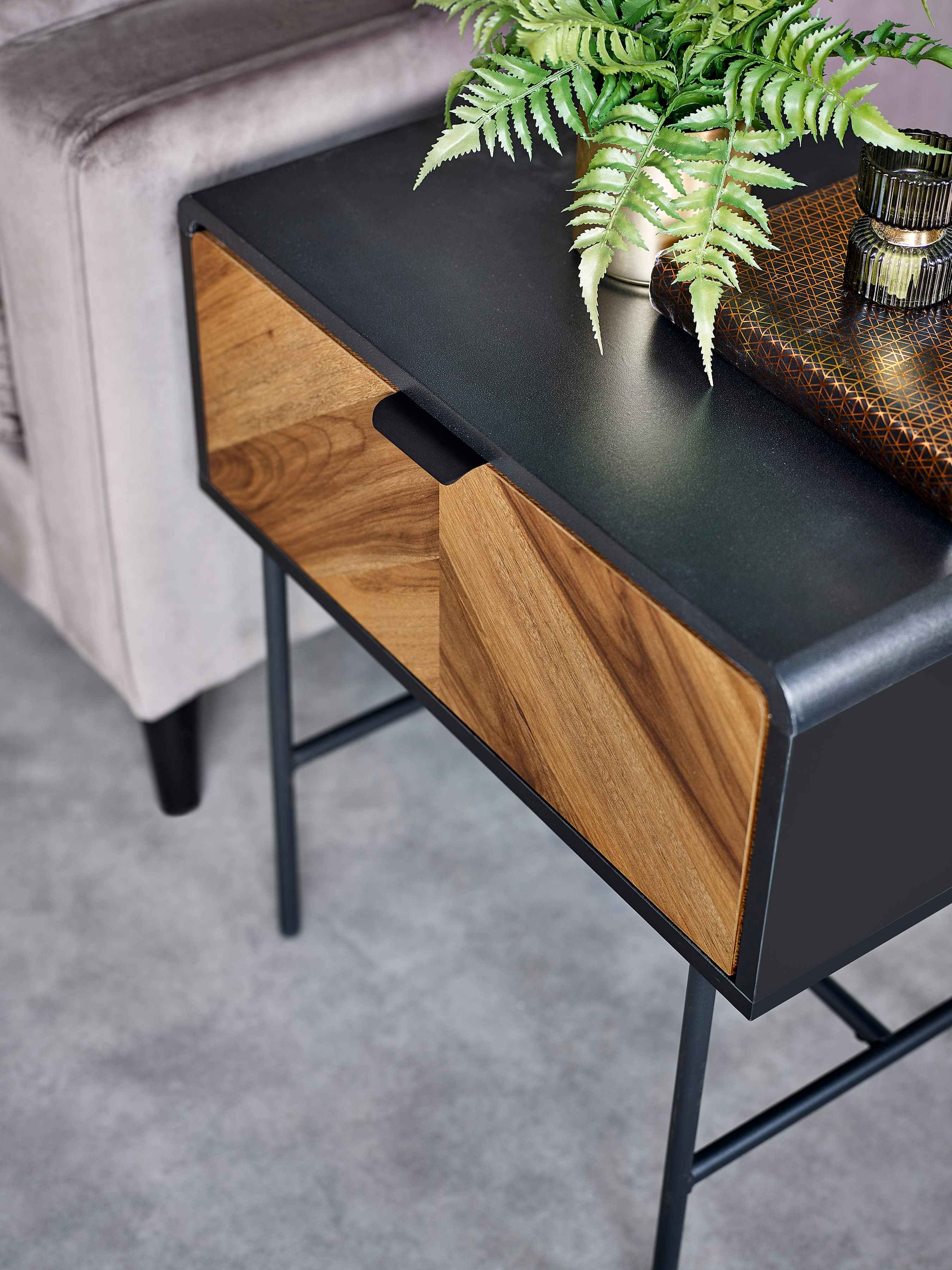 Alvin Black and Natural Wood‑effect 1 Drawer Lamp Table
