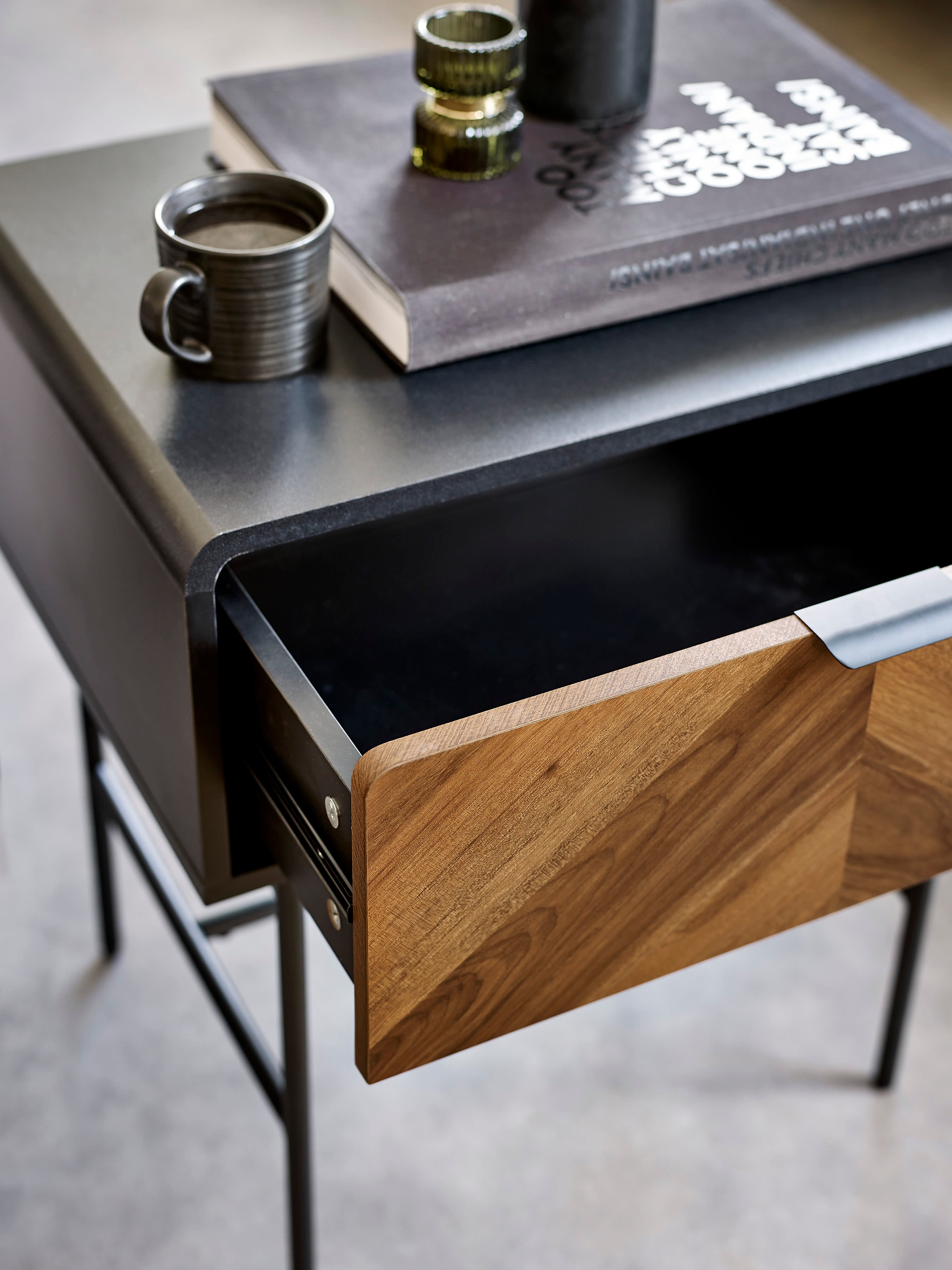 Alvin Black and Natural Wood‑effect 1 Drawer Lamp Table