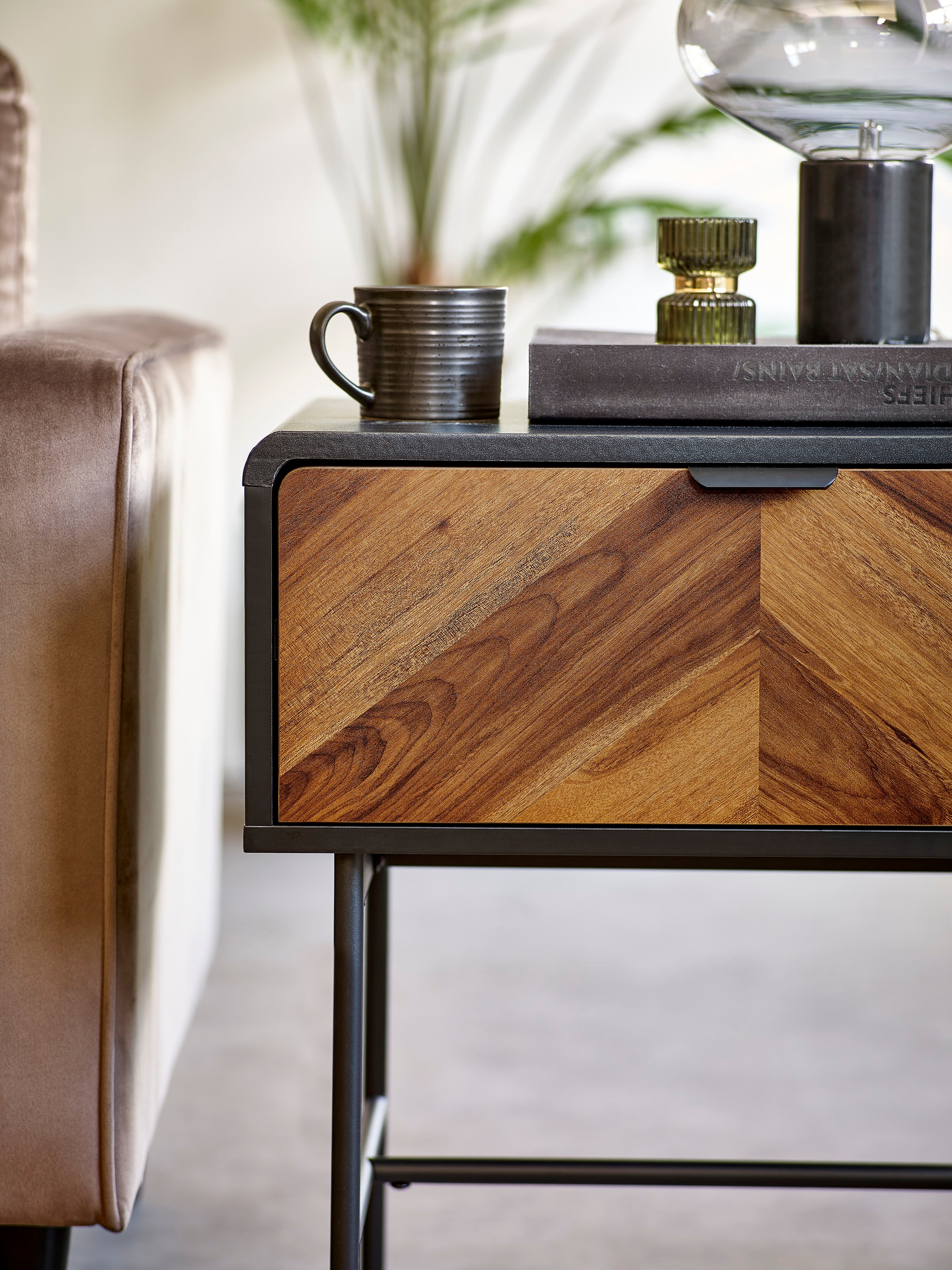 Alvin Black and Natural Wood‑effect 1 Drawer Lamp Table