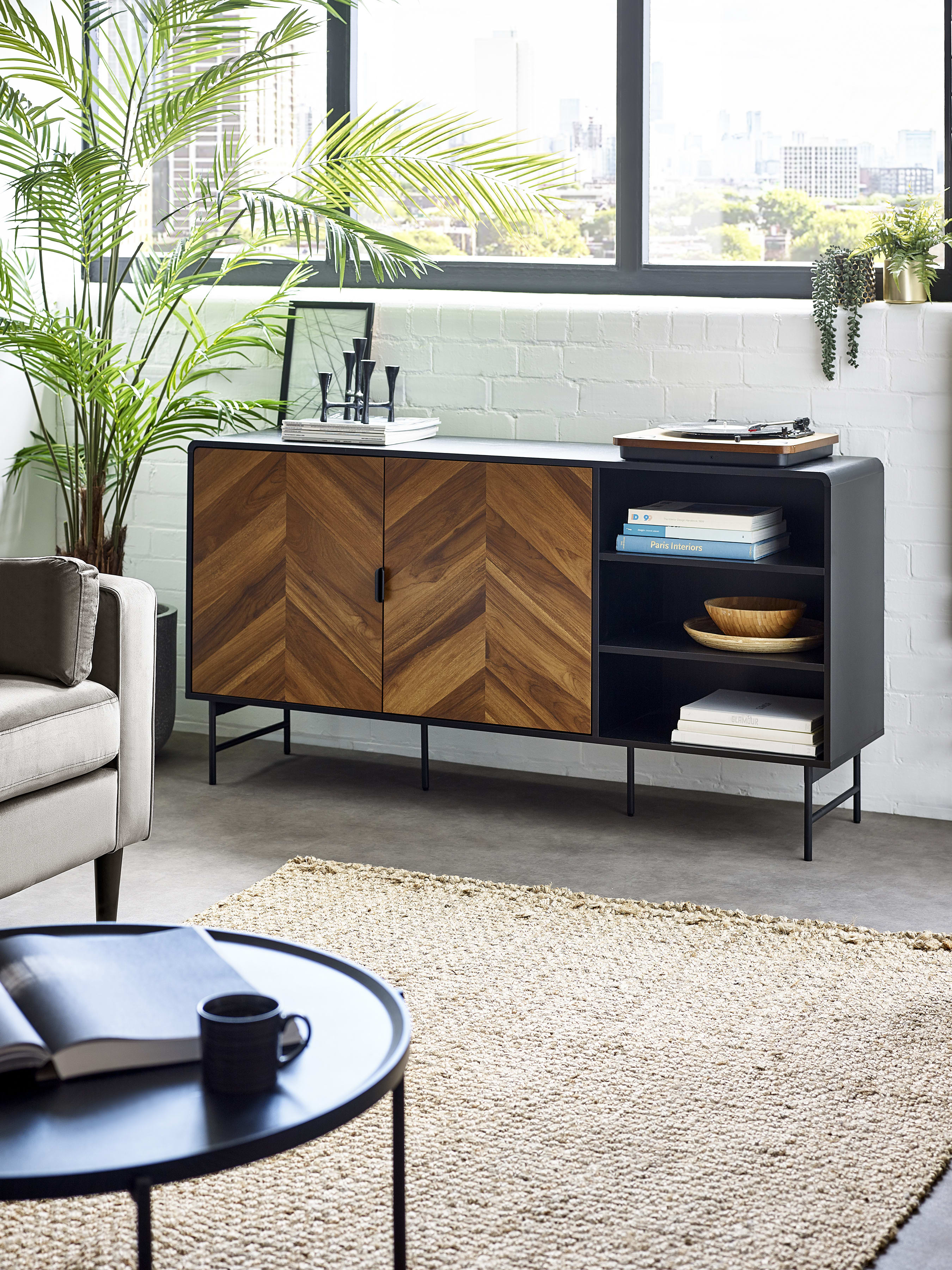 Alvin Black and Natural Wood‑Effect Sideboard