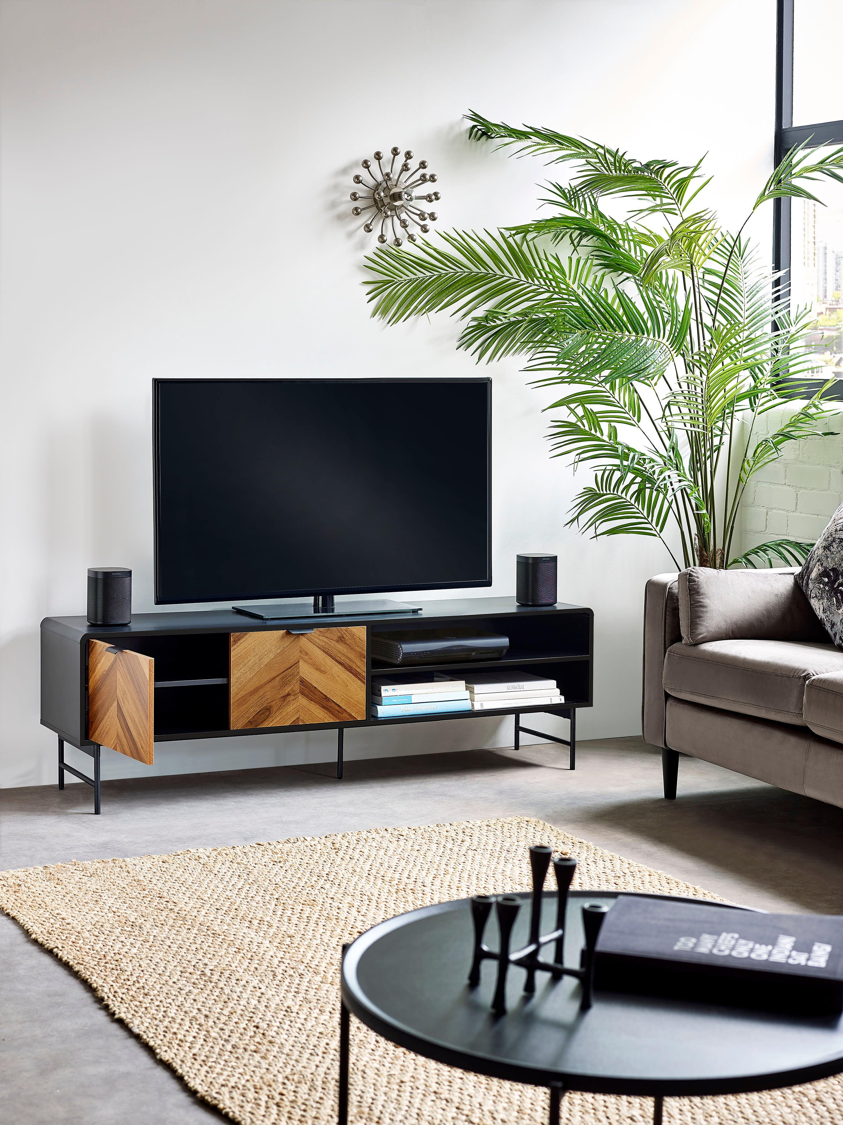 Alvin Black and Natural Wood‑Effect 65" TV Unit