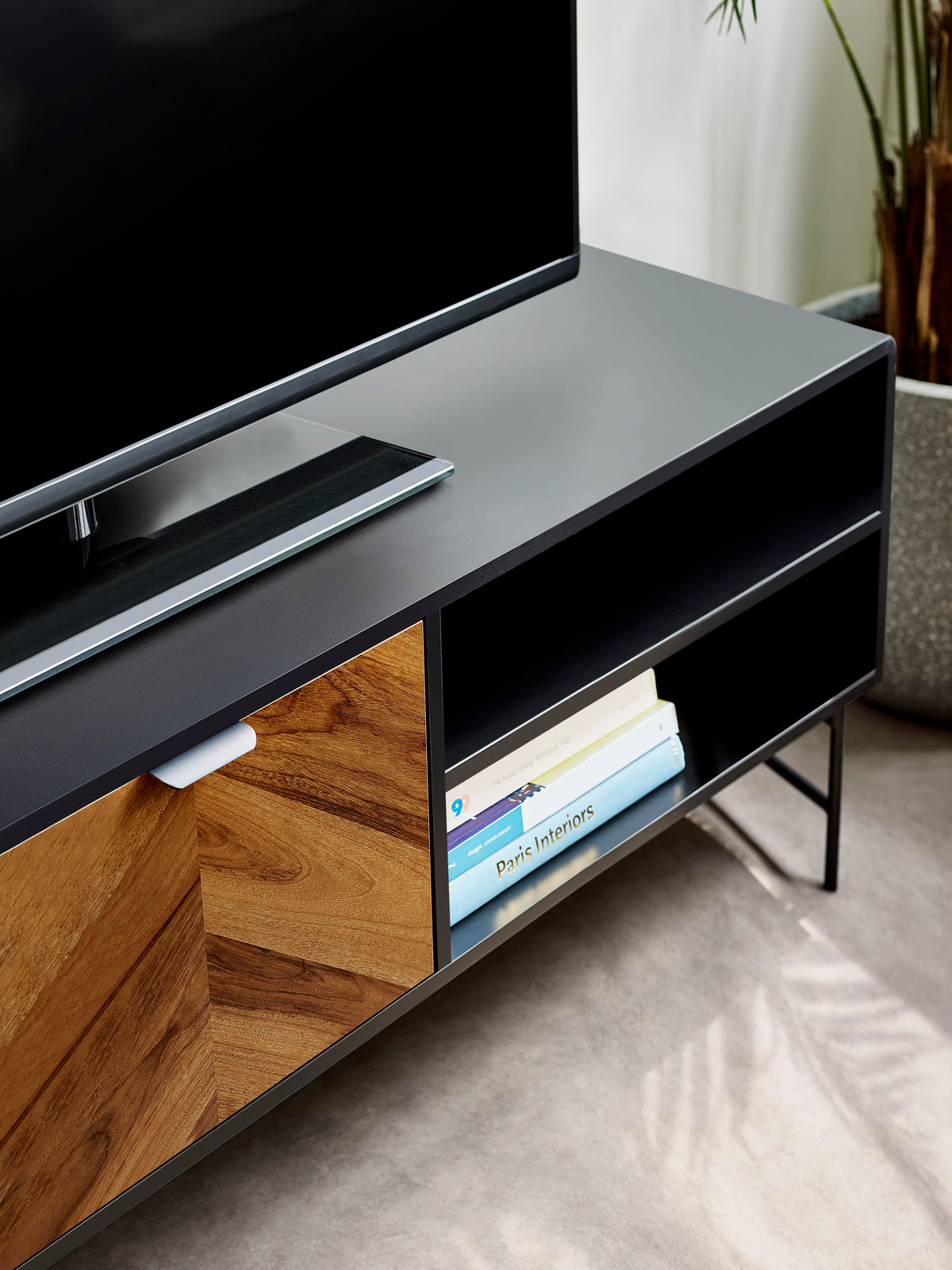 Alvin Black and Natural Wood‑Effect 65" TV Unit