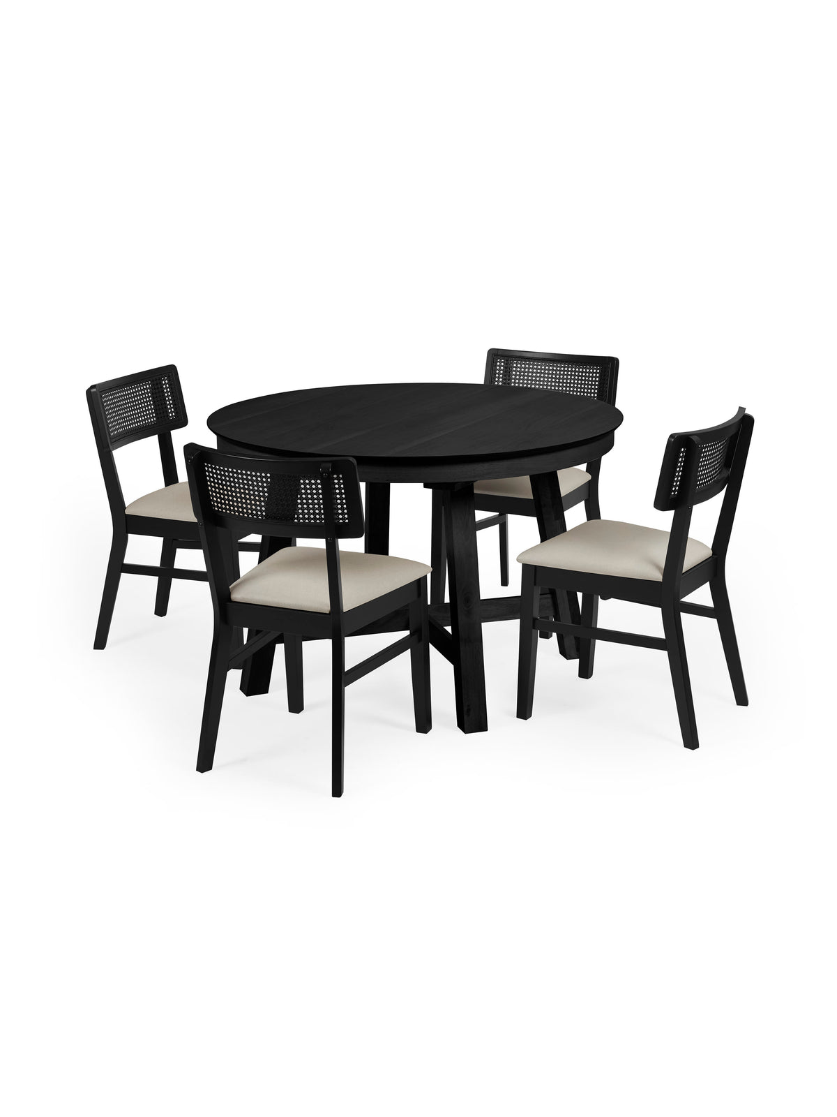 Annika Set of 2 Satin Black Natural Fabric Rattan Back Dining Chairs – Black Oak Effect