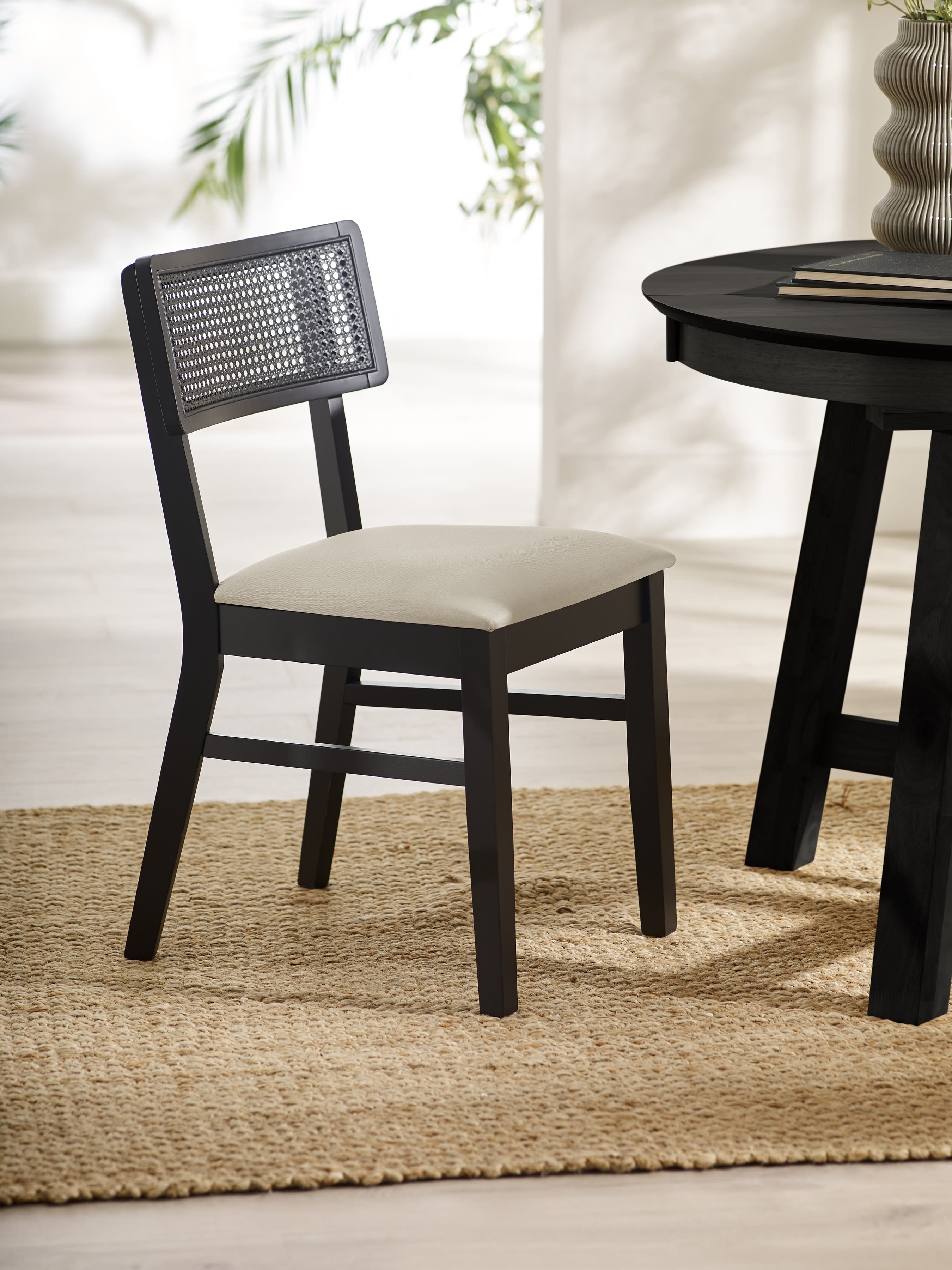 Annika Set of 2 Satin Black Natural Fabric Rattan Back Dining Chairs – Black Oak Effect