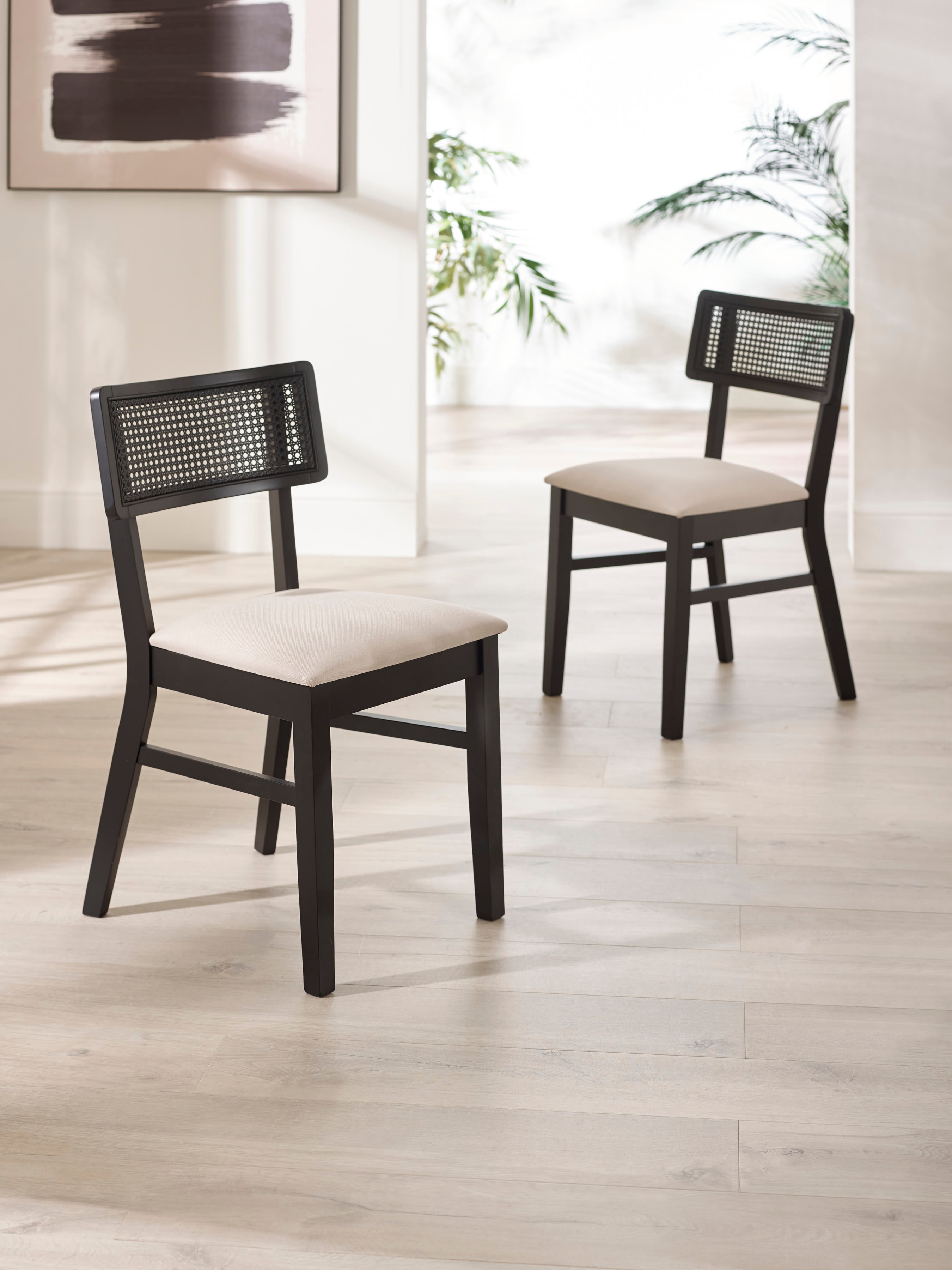 Annika Set of 2 Satin Black Natural Fabric Rattan Back Dining Chairs – Black Oak Effect