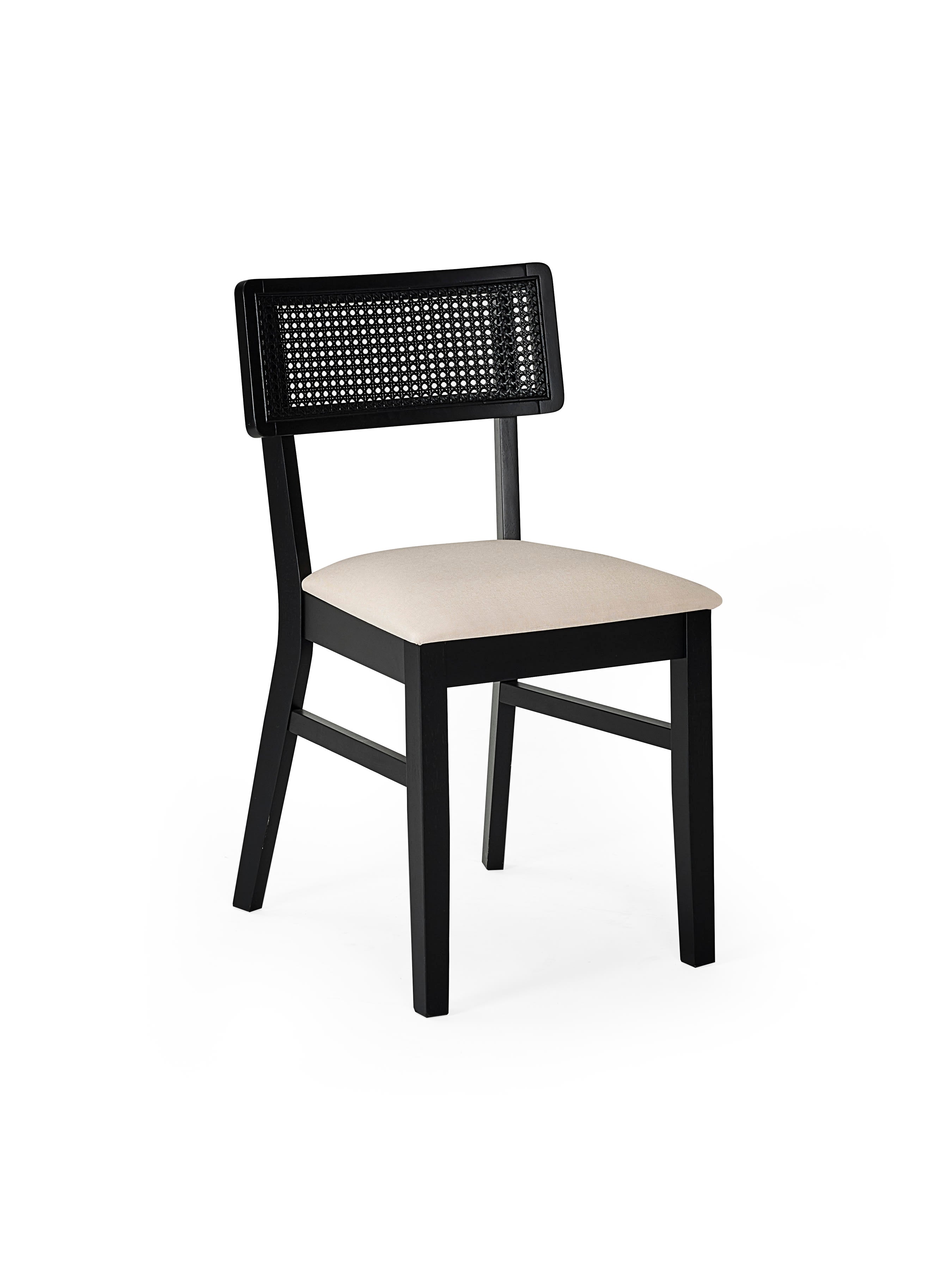 Annika Set of 2 Satin Black Natural Fabric Rattan Back Dining Chairs – Black Oak Effect