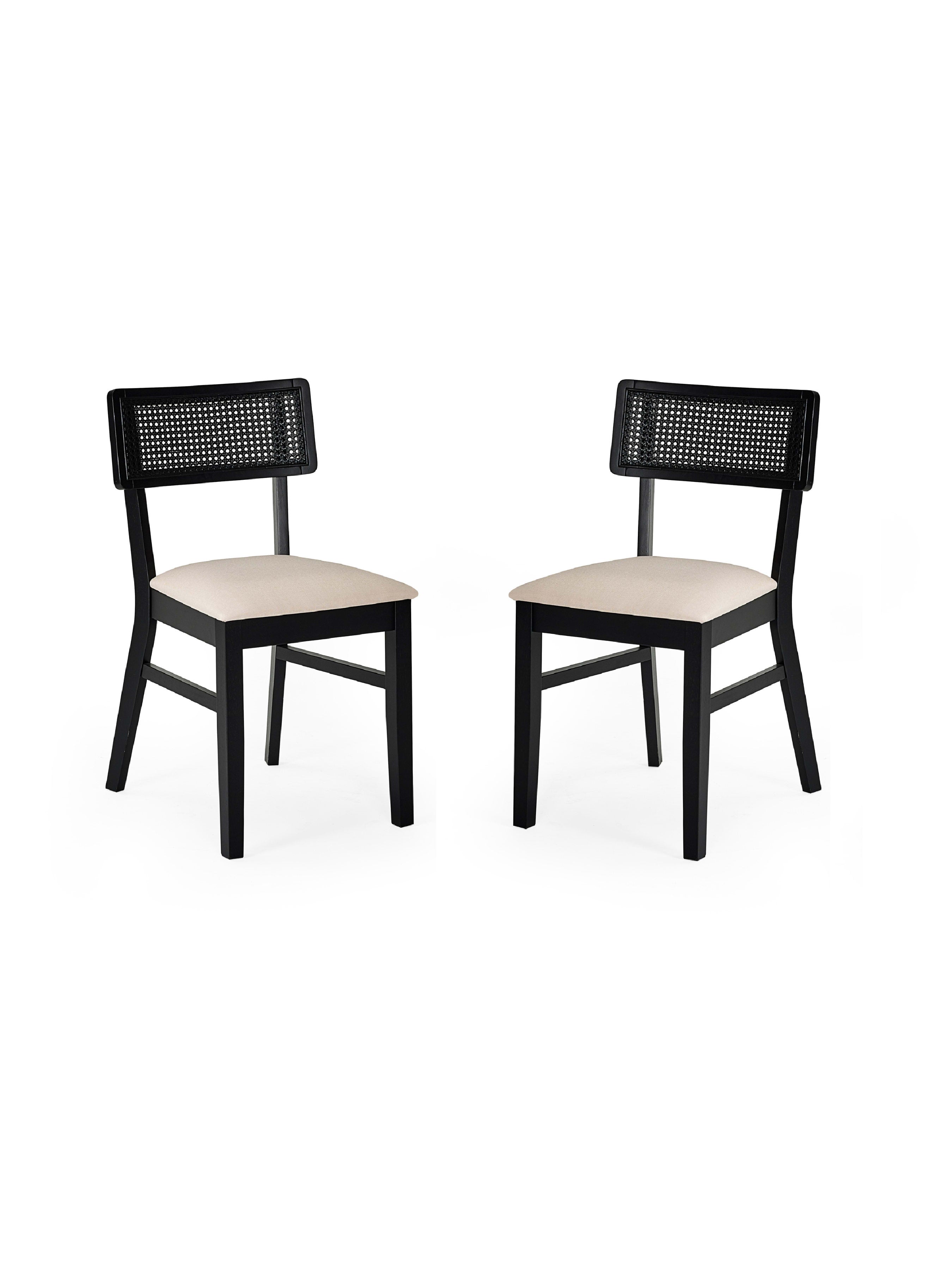 Annika Set of 2 Satin Black Natural Fabric Rattan Back Dining Chairs – Black Oak Effect