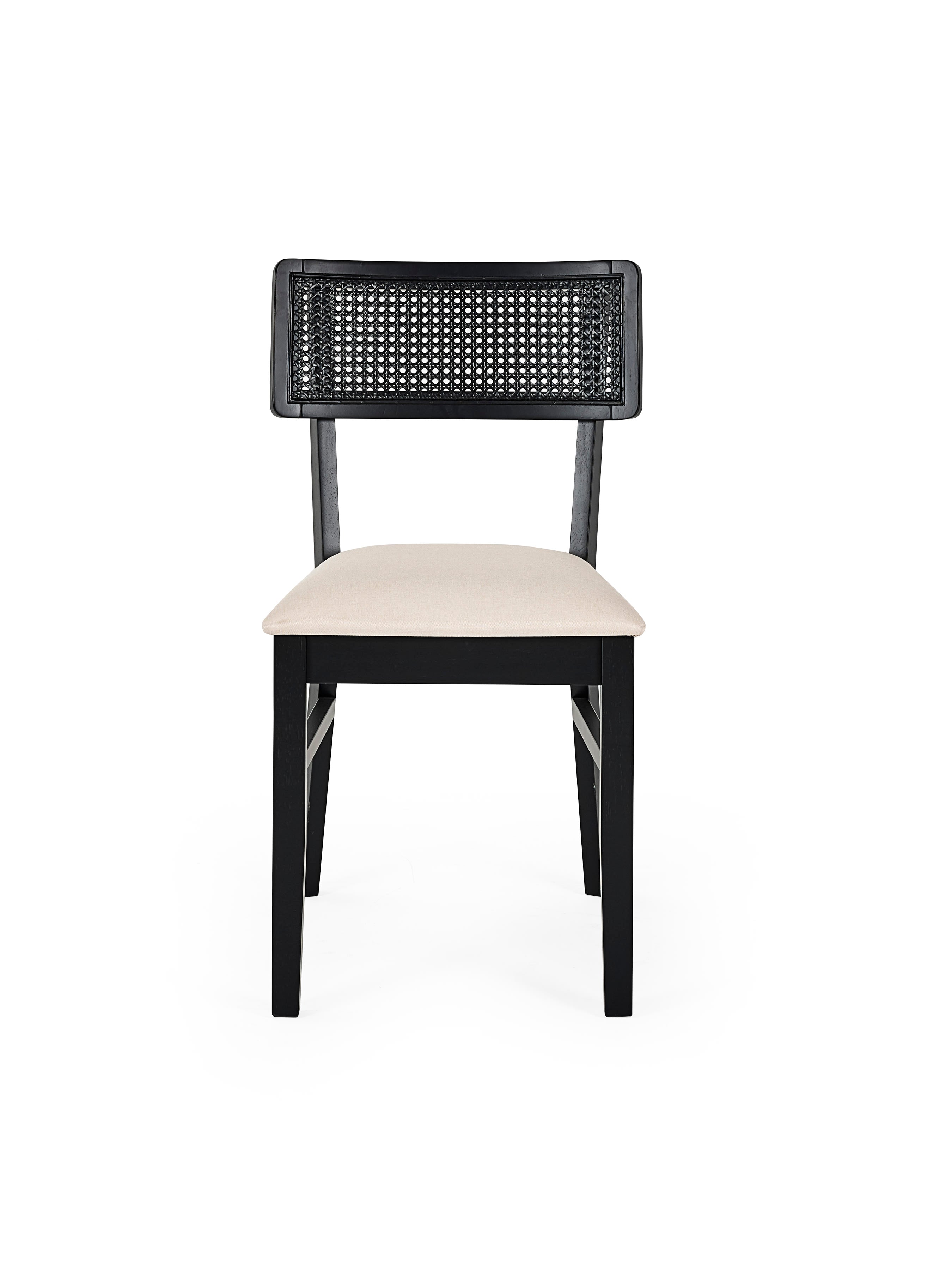 Annika Set of 2 Satin Black Natural Fabric Rattan Back Dining Chairs – Black Oak Effect