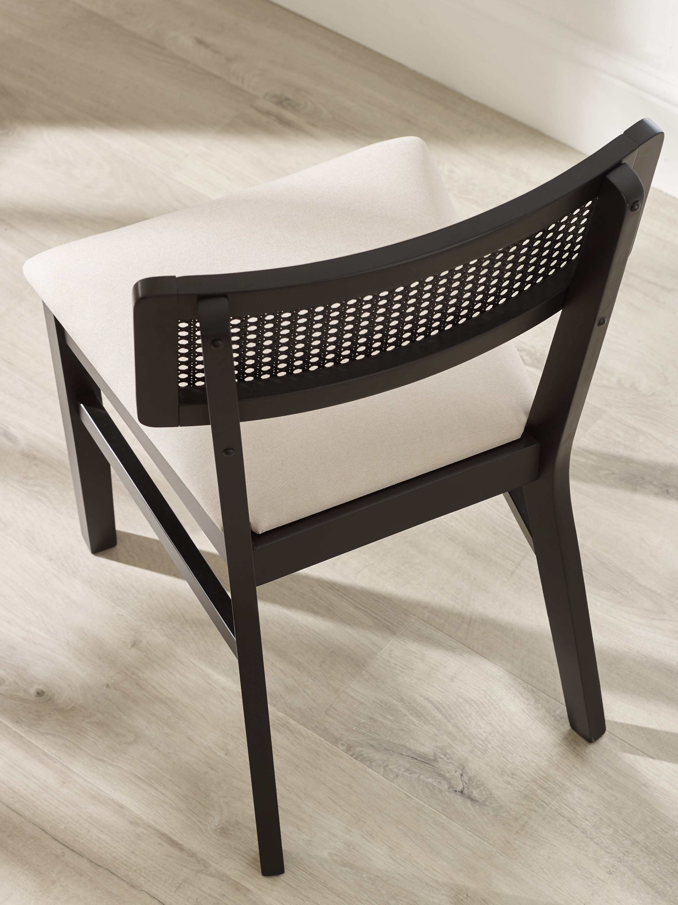Annika Set of 2 Satin Black Natural Fabric Rattan Back Dining Chairs – Black Oak Effect