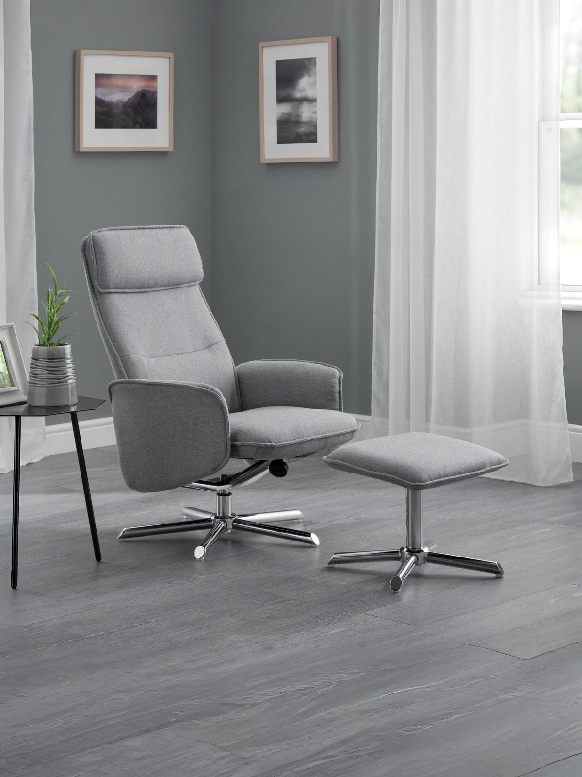 Aria Recliner & Stool With Chrome Base - Grey Linen