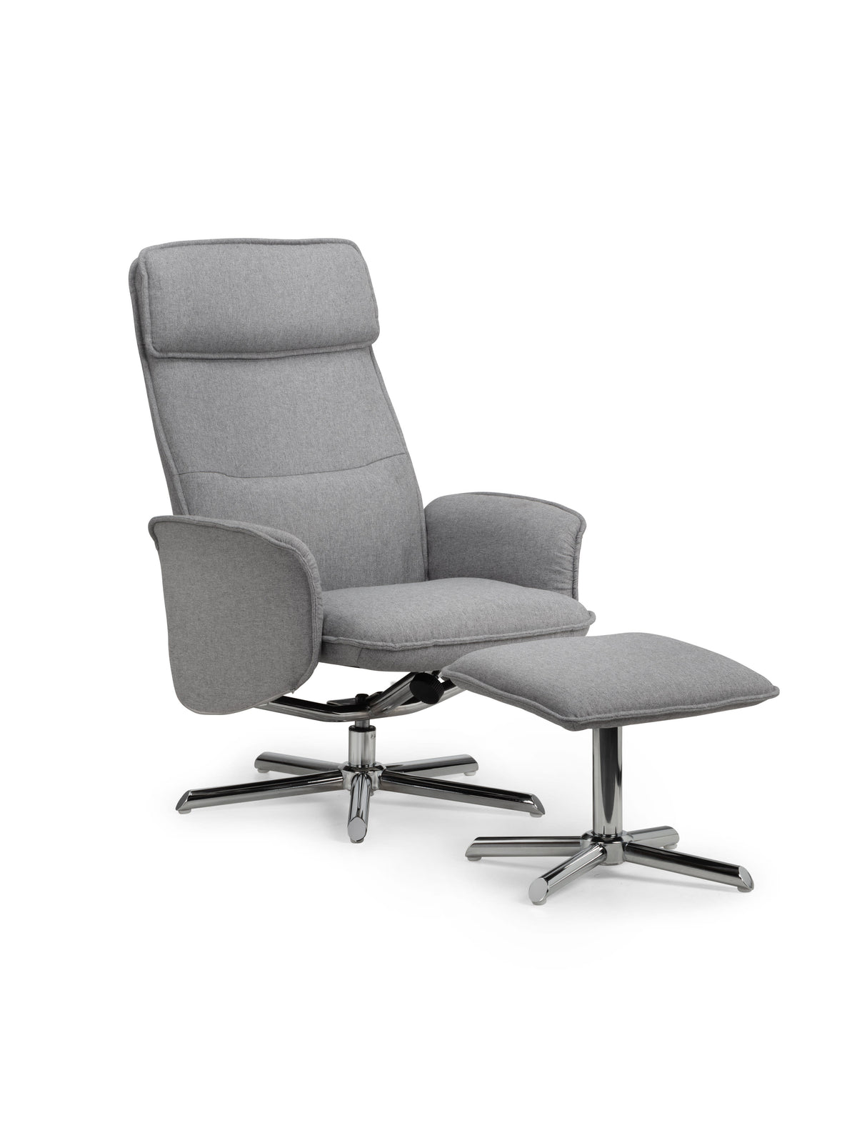 Aria Recliner & Stool With Chrome Base - Grey Linen
