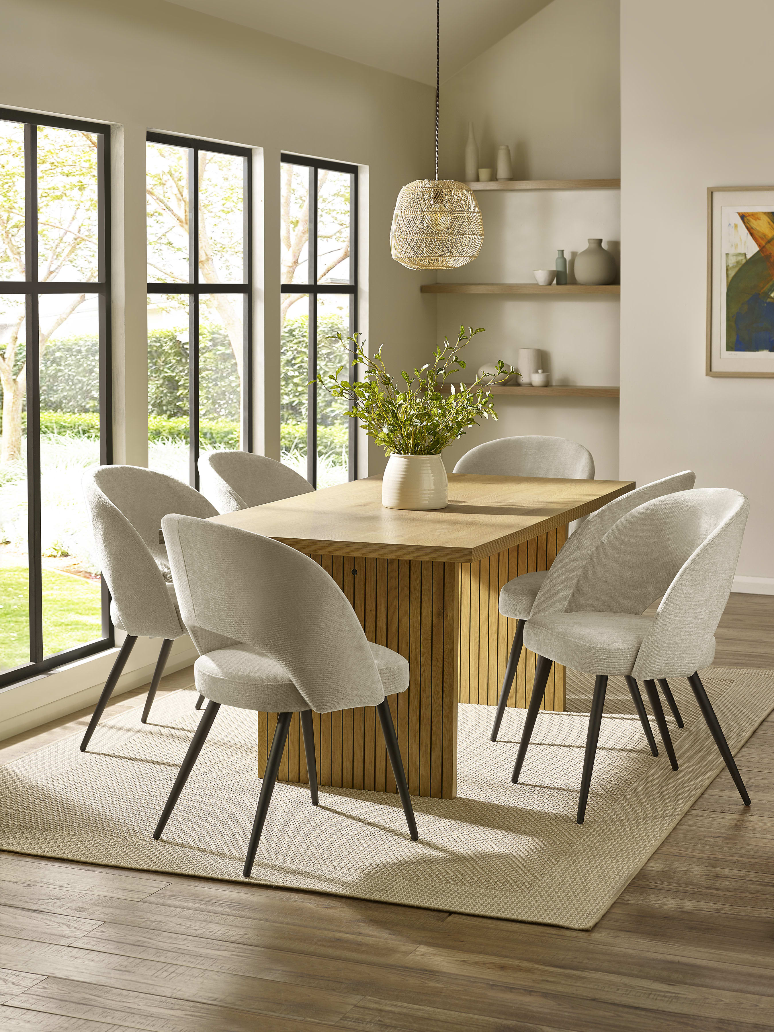 Arundel Rectangular Oak Effect Dining Table Set with 6 Ella Cream Upholstered Dining Chairs