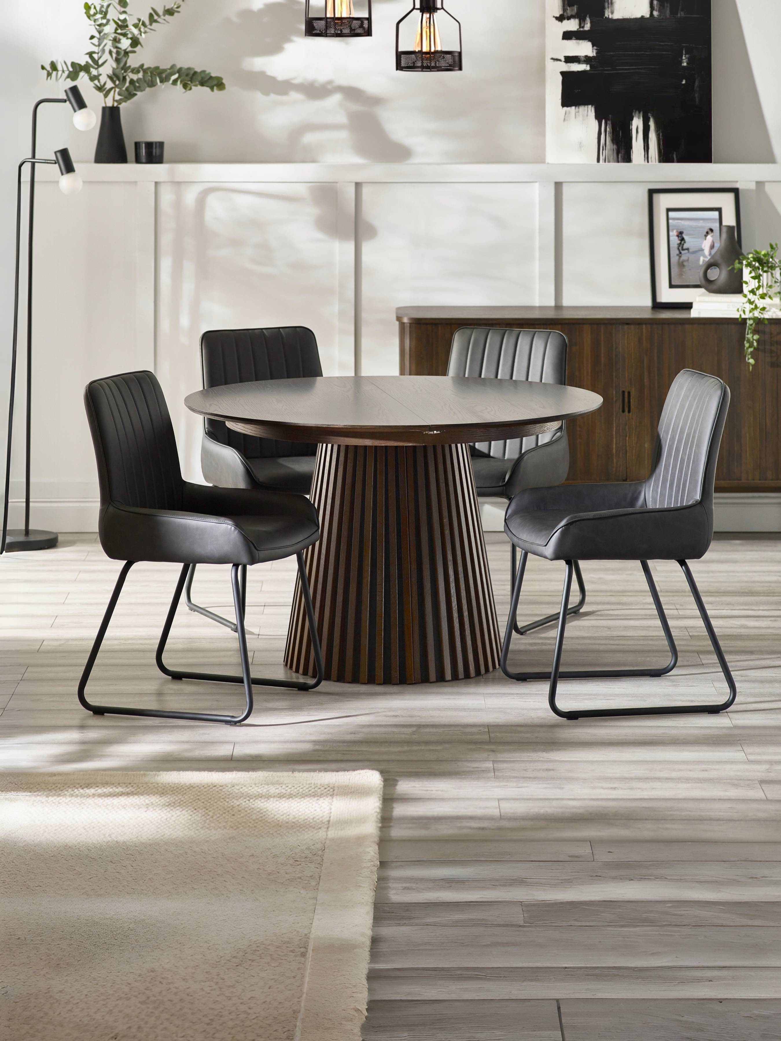 Arya 120-200cm Extending Round Dark Oak Dining Table Set with 4 Antique Black Soho Faux Leather Dining Chairs