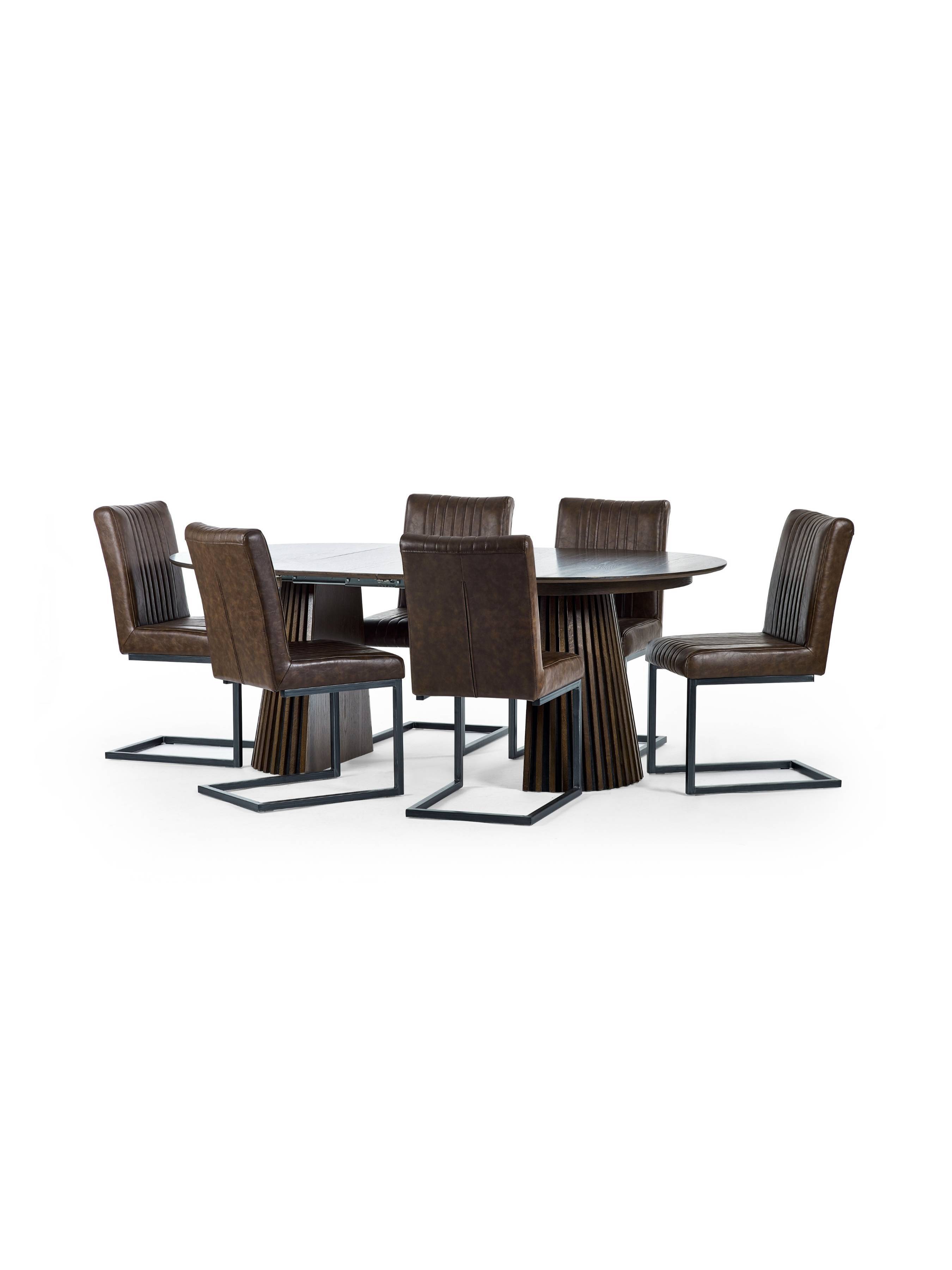 Arya 120-200cm Extending Round Dark Oak Dining Table Set with 6 Brooklyn Brown Faux Leather Dining Chairs