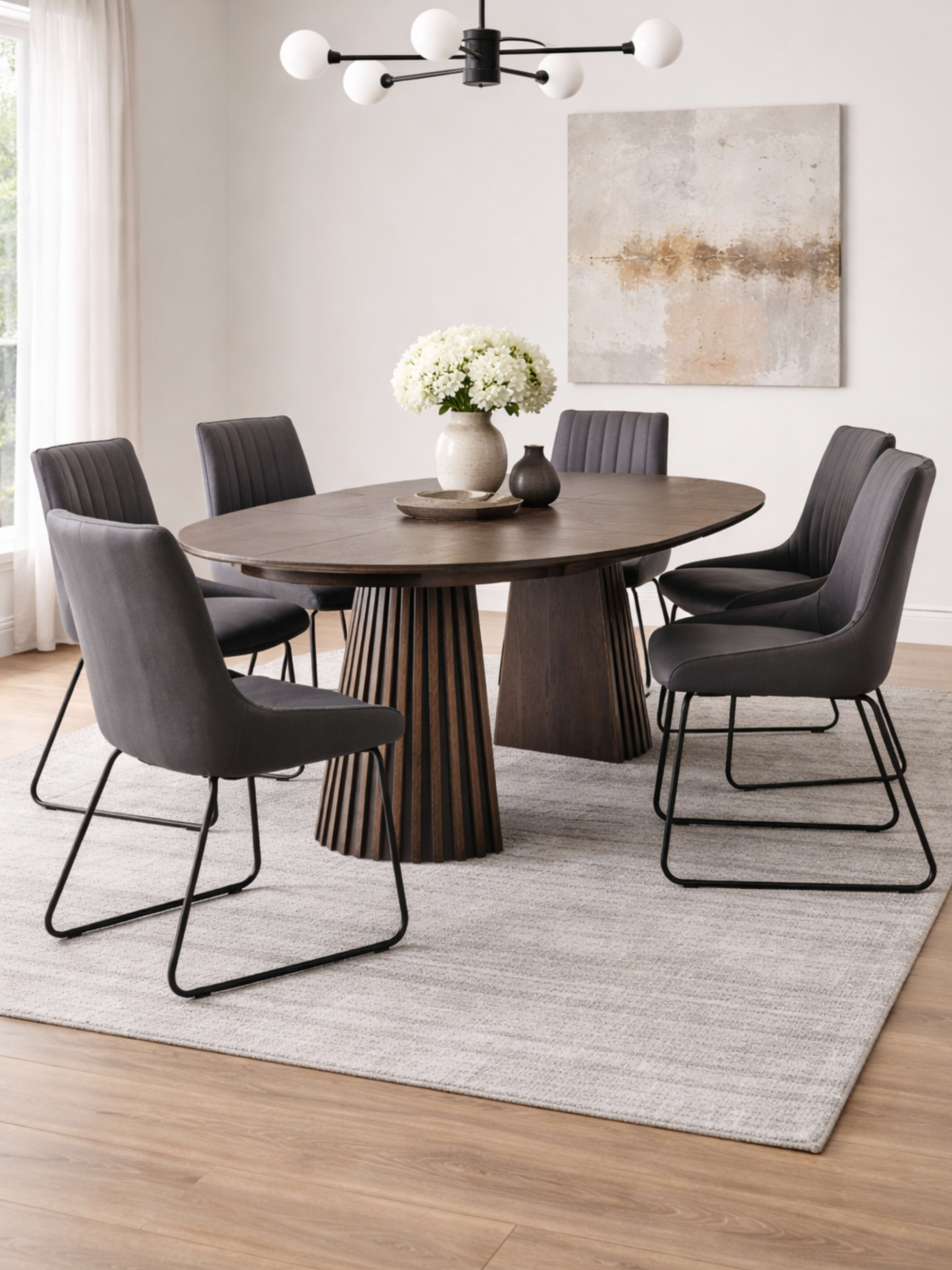 Arya 120-200cm Extending Round Dark Oak Dining Table Set with 6 Antique Black Soho Faux Leather Dining Chairs