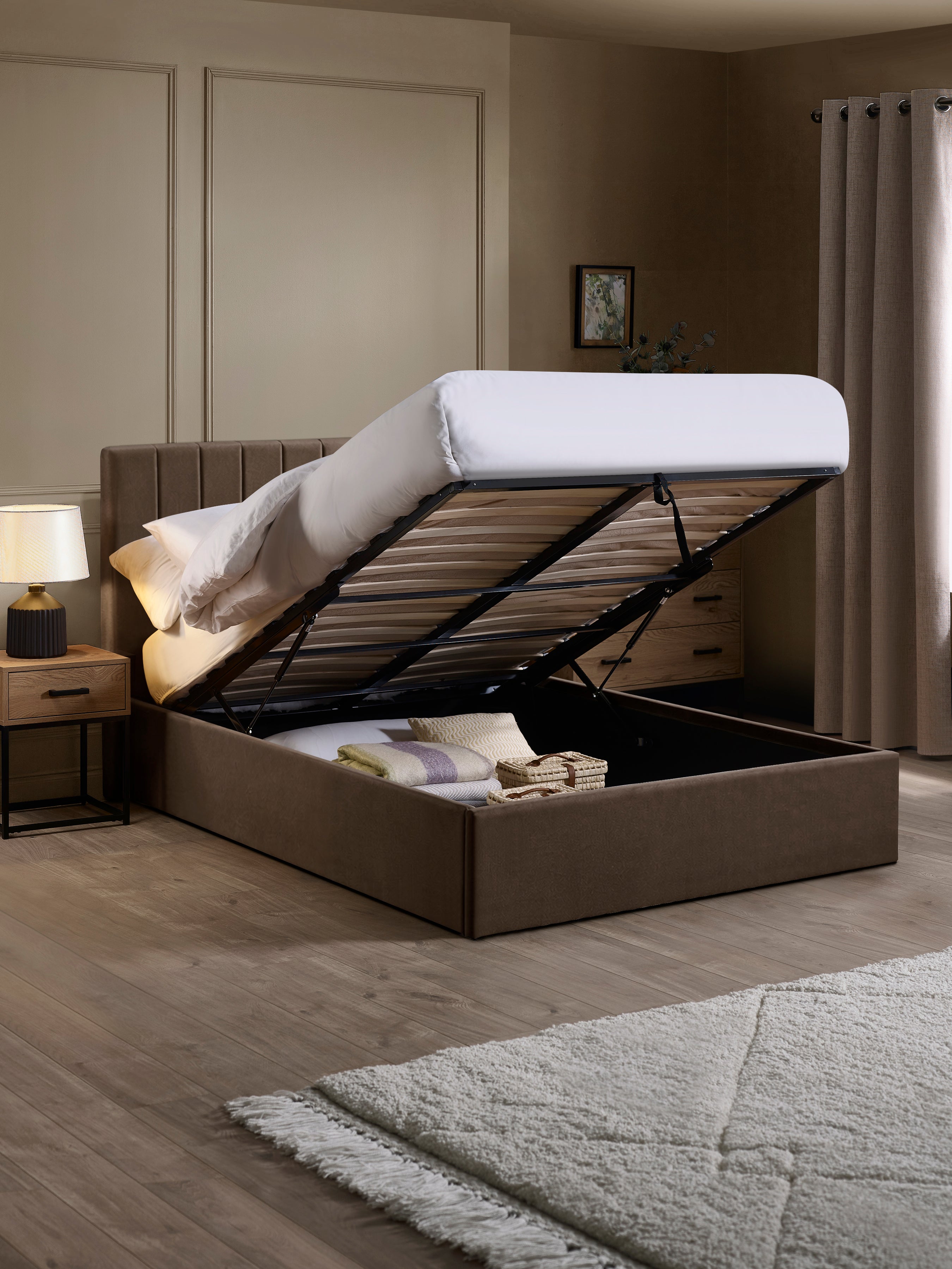 Aylen Chocolate Brown Velvet Upholstered Ottoman Storage Bed Frame – Chocolate Velvet
