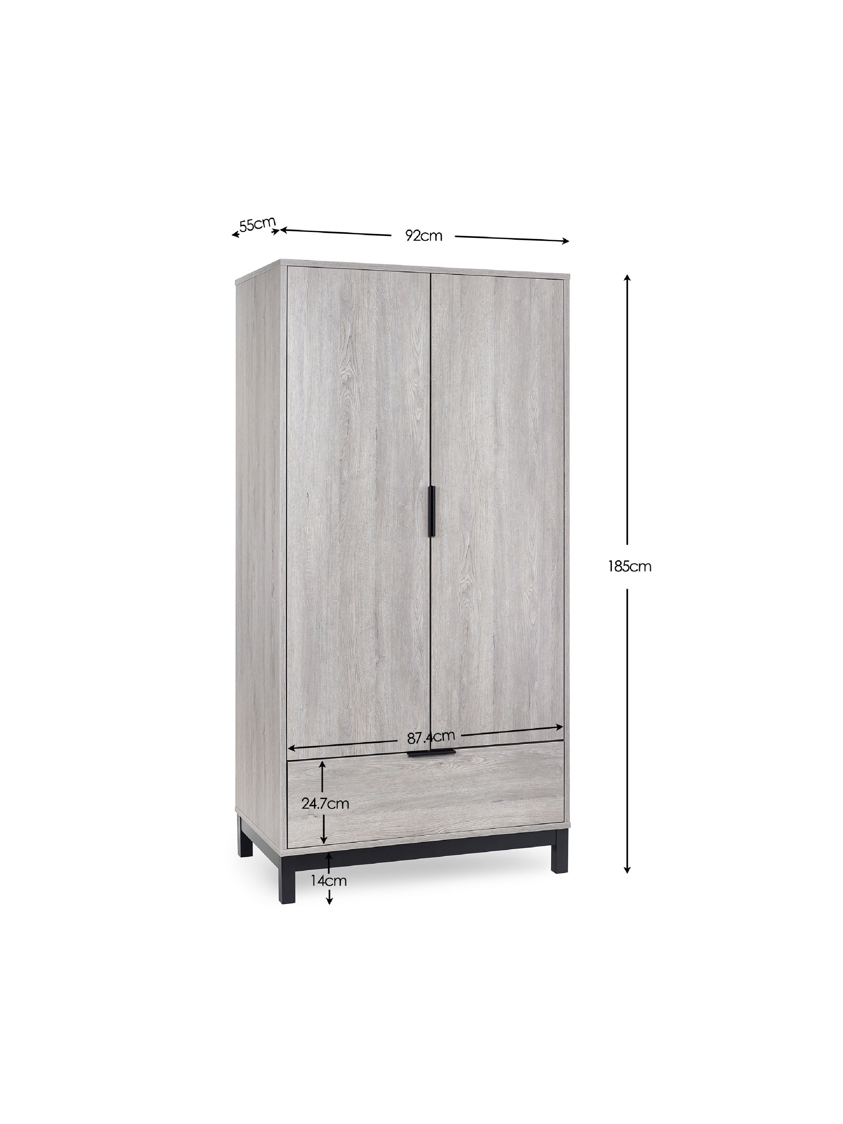 Bali 2 Door 1 Drawer Wardrobe - Grey Oak