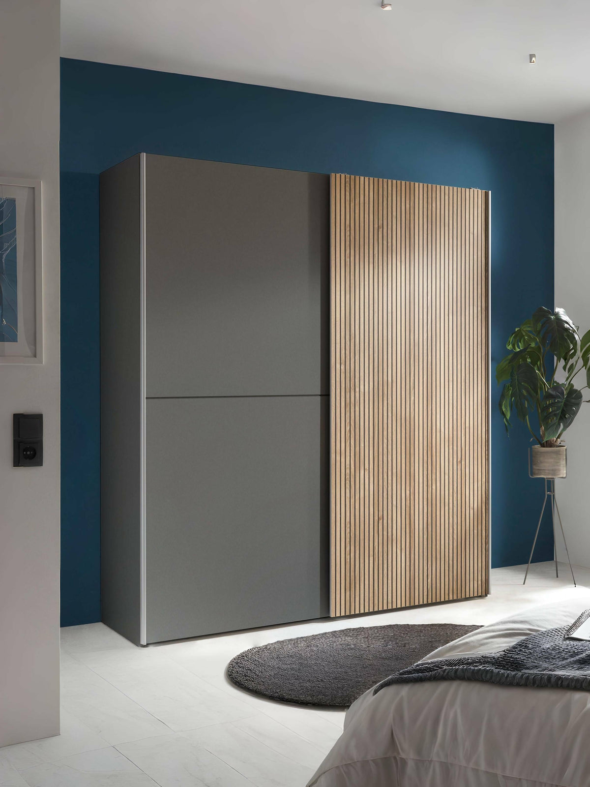 Berno Light Oak and Dark Grey Sliding 2 Door Wardrobe – Light Oak Effect and Dark Grey