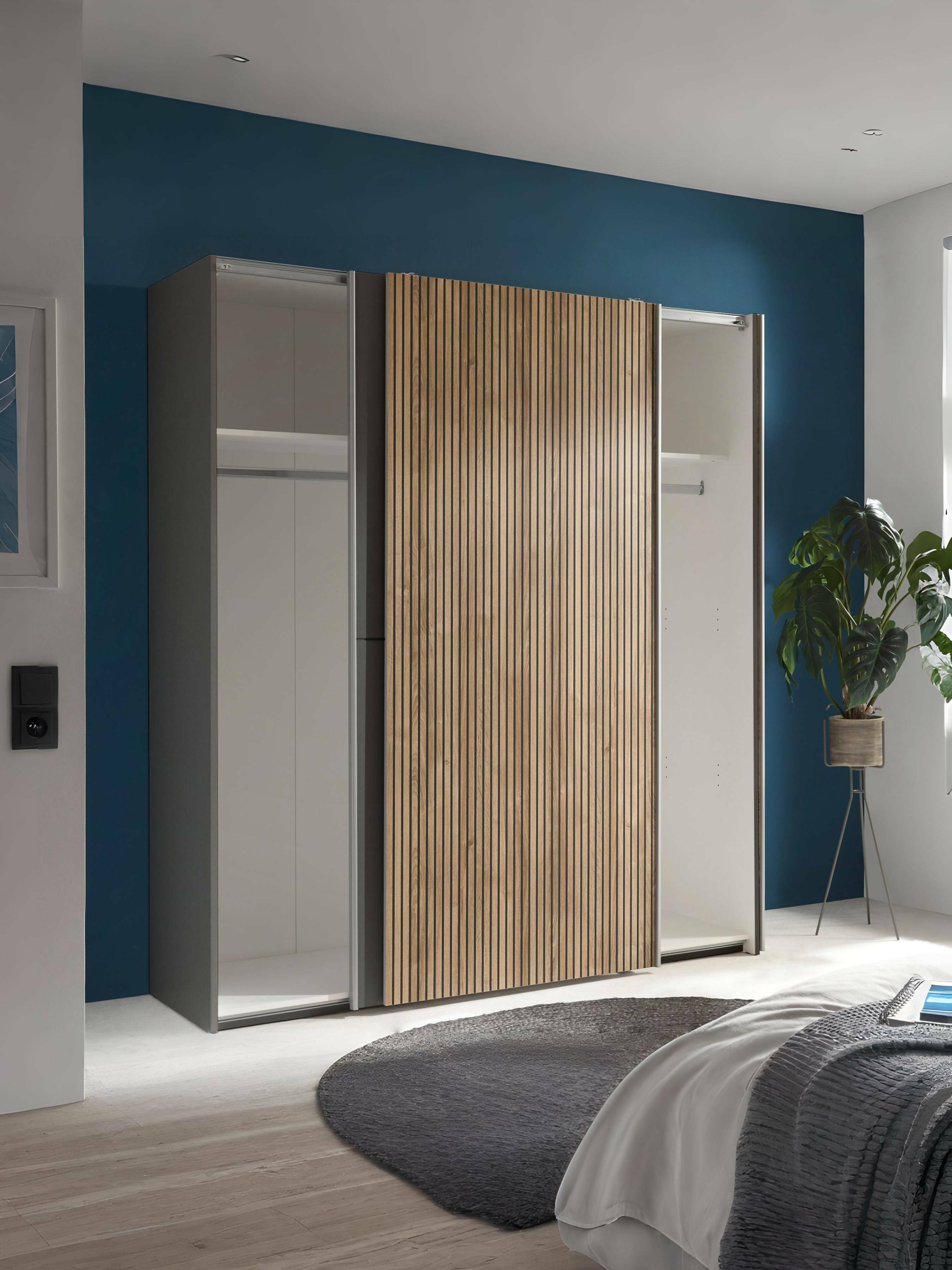 Berno Light Oak and Dark Grey Sliding 2 Door Wardrobe – Light Oak Effect and Dark Grey