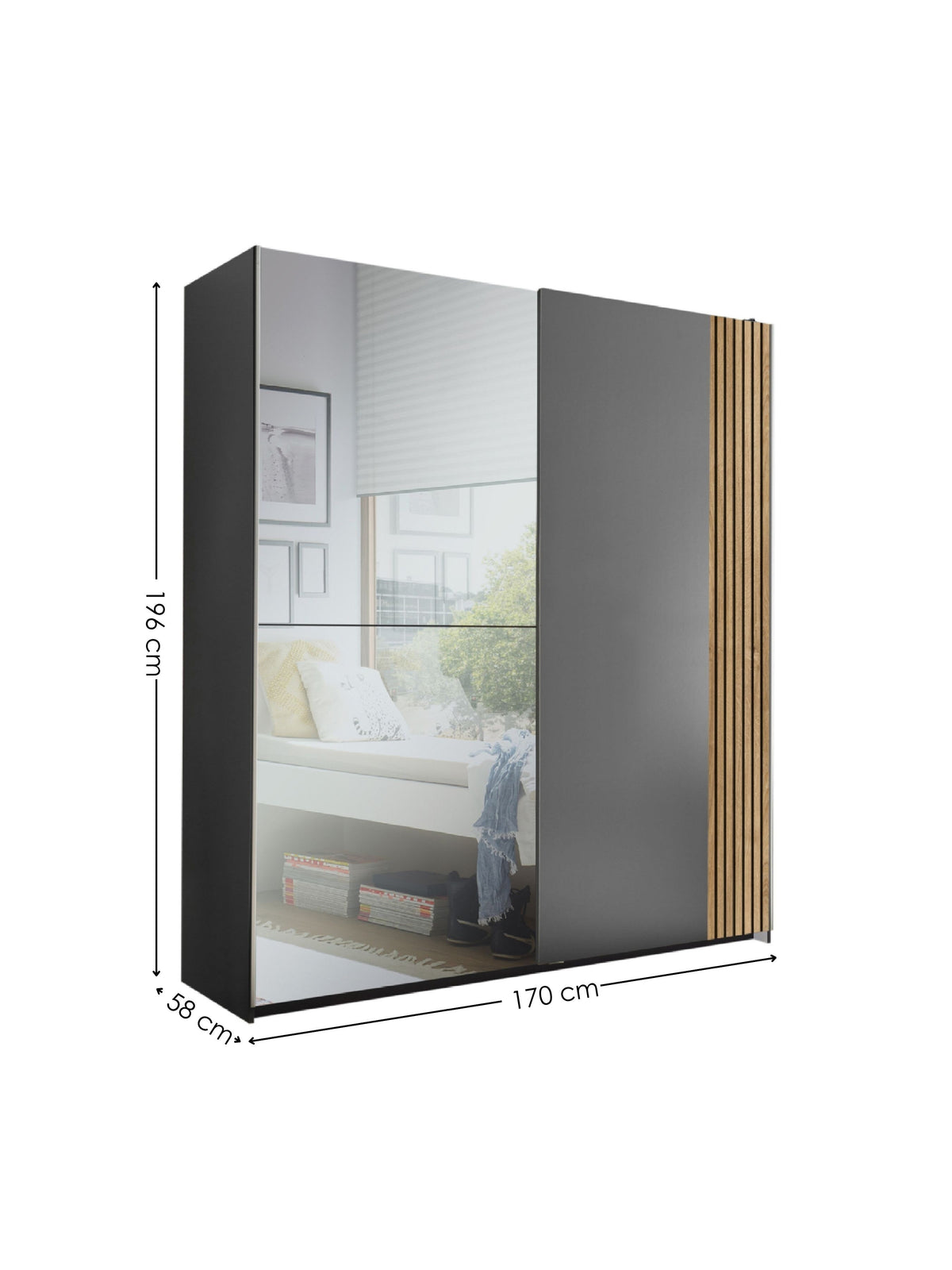 Berno Light Oak and Dark Grey Sliding 2 Door Wardrobe With Mirror – Light Oak Effect and Dark Grey