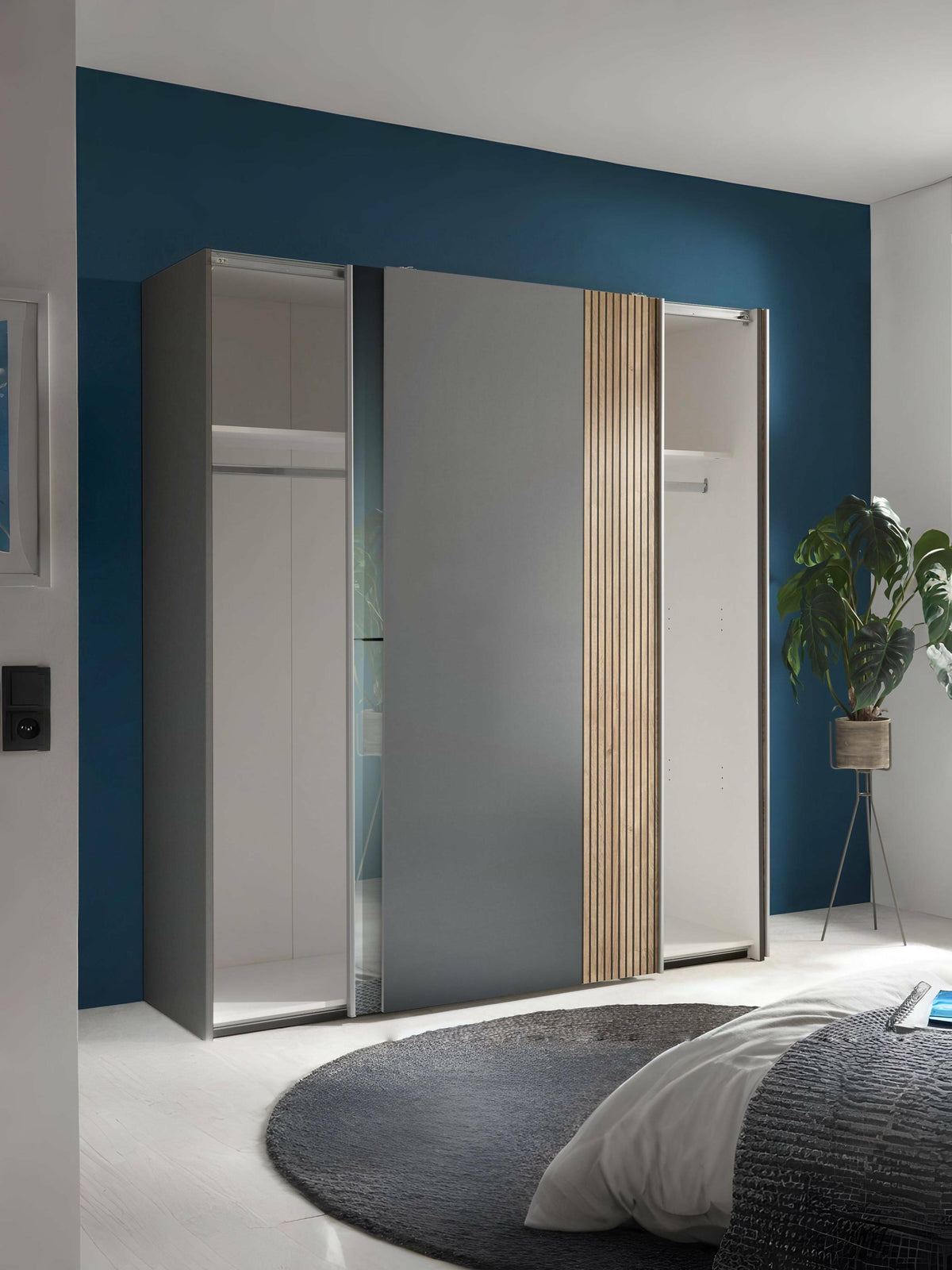 Berno Light Oak and Dark Grey Sliding 2 Door Wardrobe With Mirror – Light Oak Effect and Dark Grey