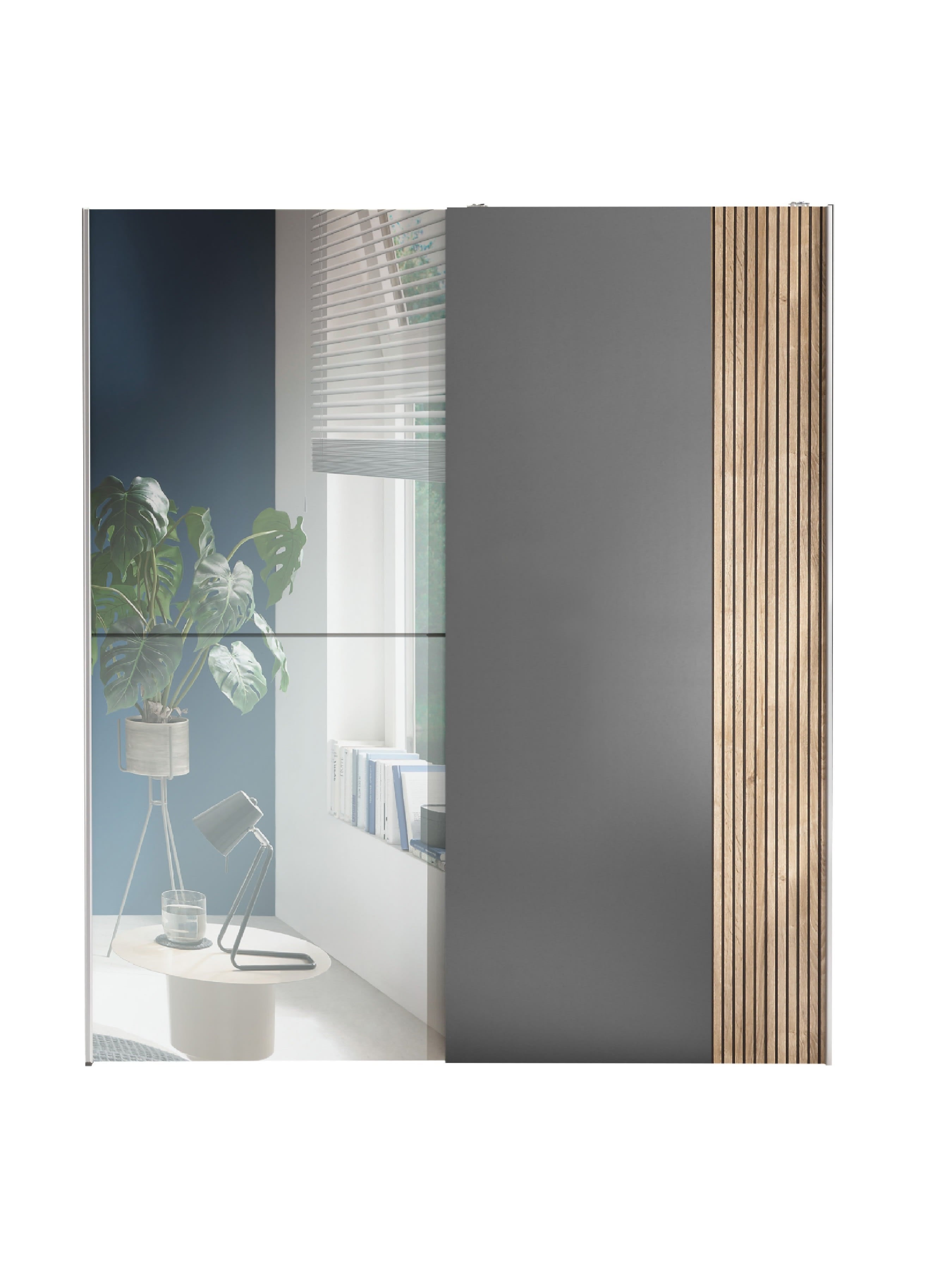 Berno Light Oak and Dark Grey Sliding 2 Door Wardrobe With Mirror – Light Oak Effect and Dark Grey