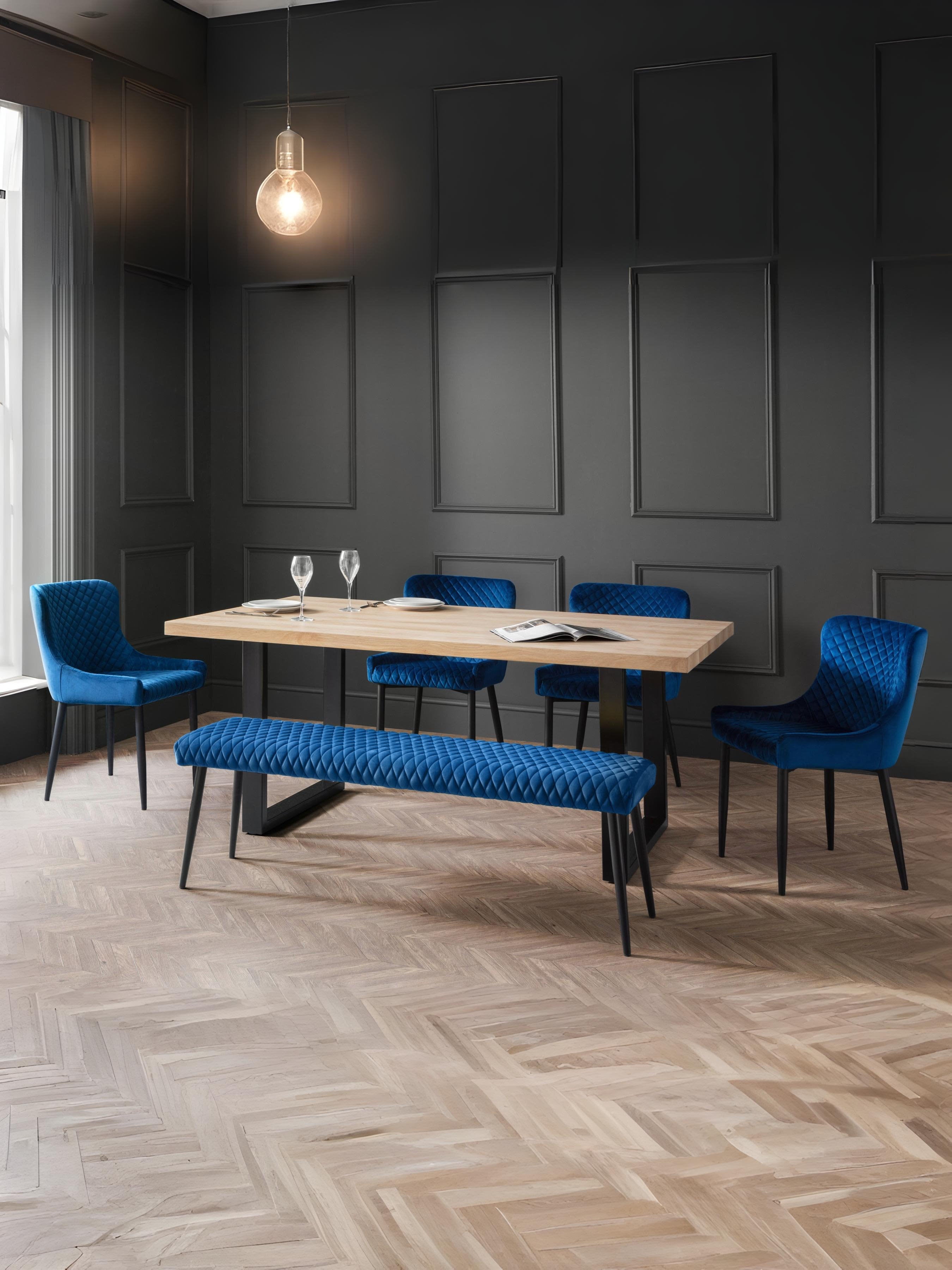Berwick Rectangular Table, 1 Blue plush Low Bench and 4 Blue plush Chairs – Oak Effect