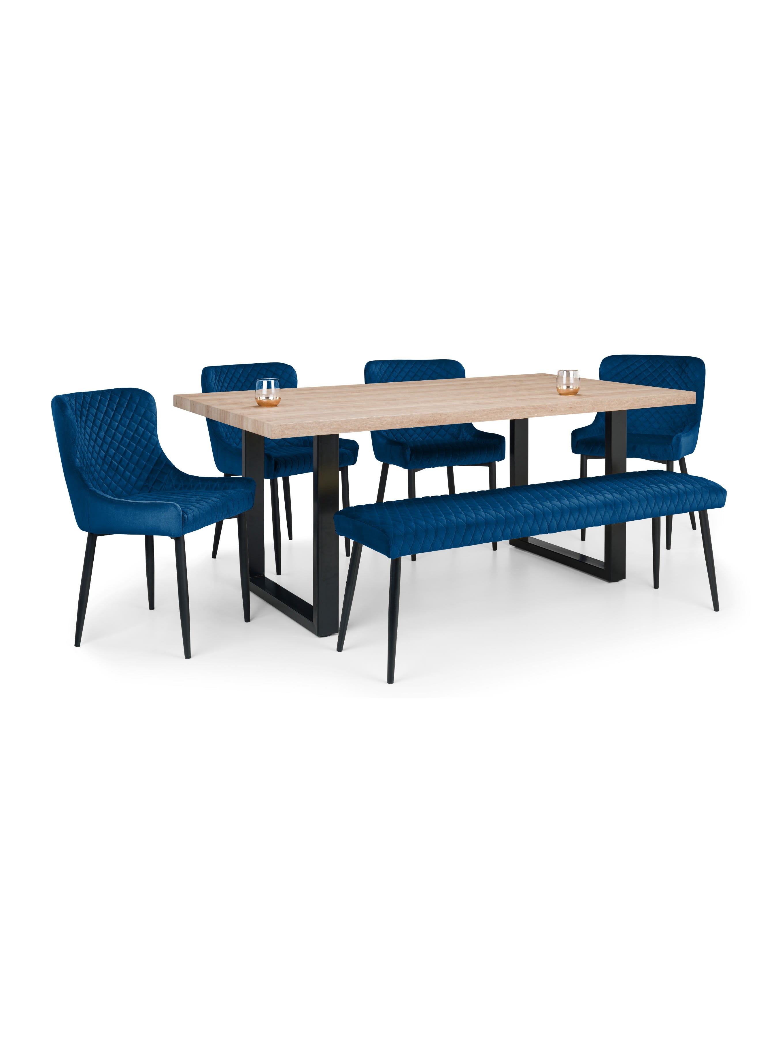 Berwick Rectangular Table, 1 Blue plush Low Bench and 4 Blue plush Chairs – Oak Effect