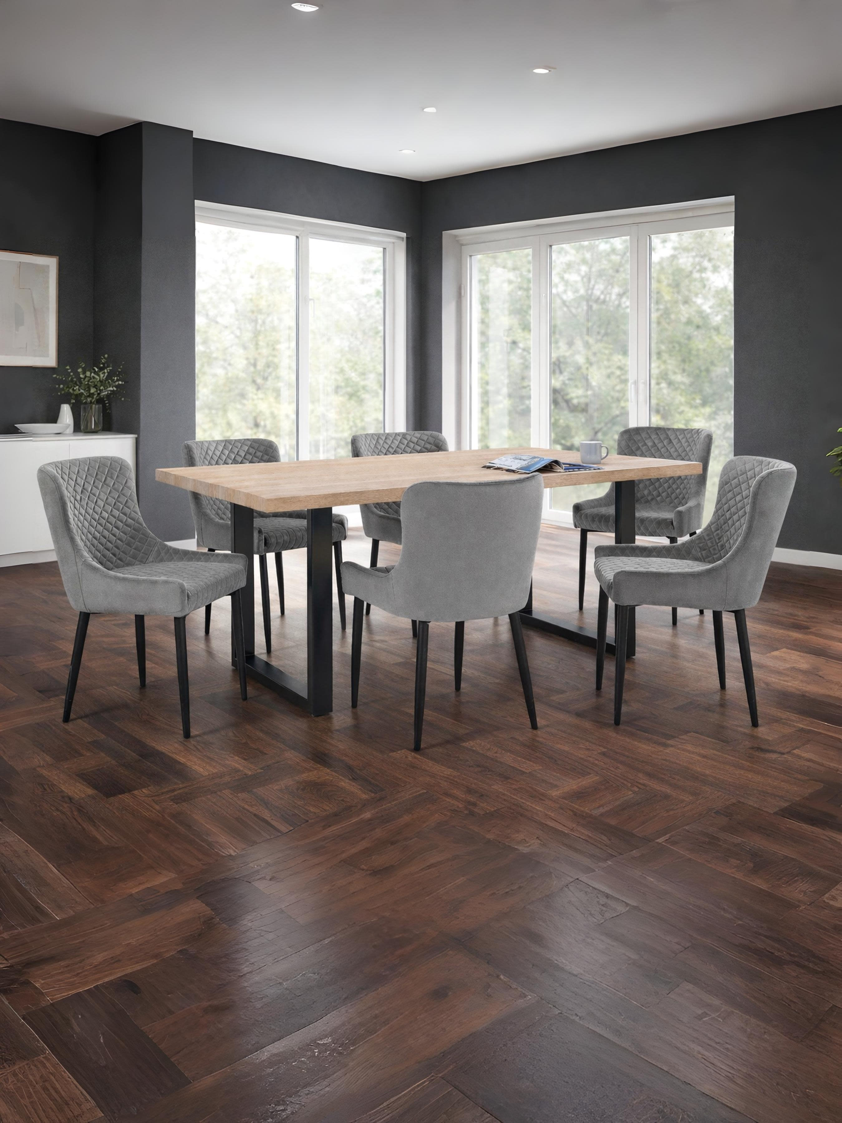 Berwick Rectangular Table and 6 Grey plush Chairs – Oak Effect