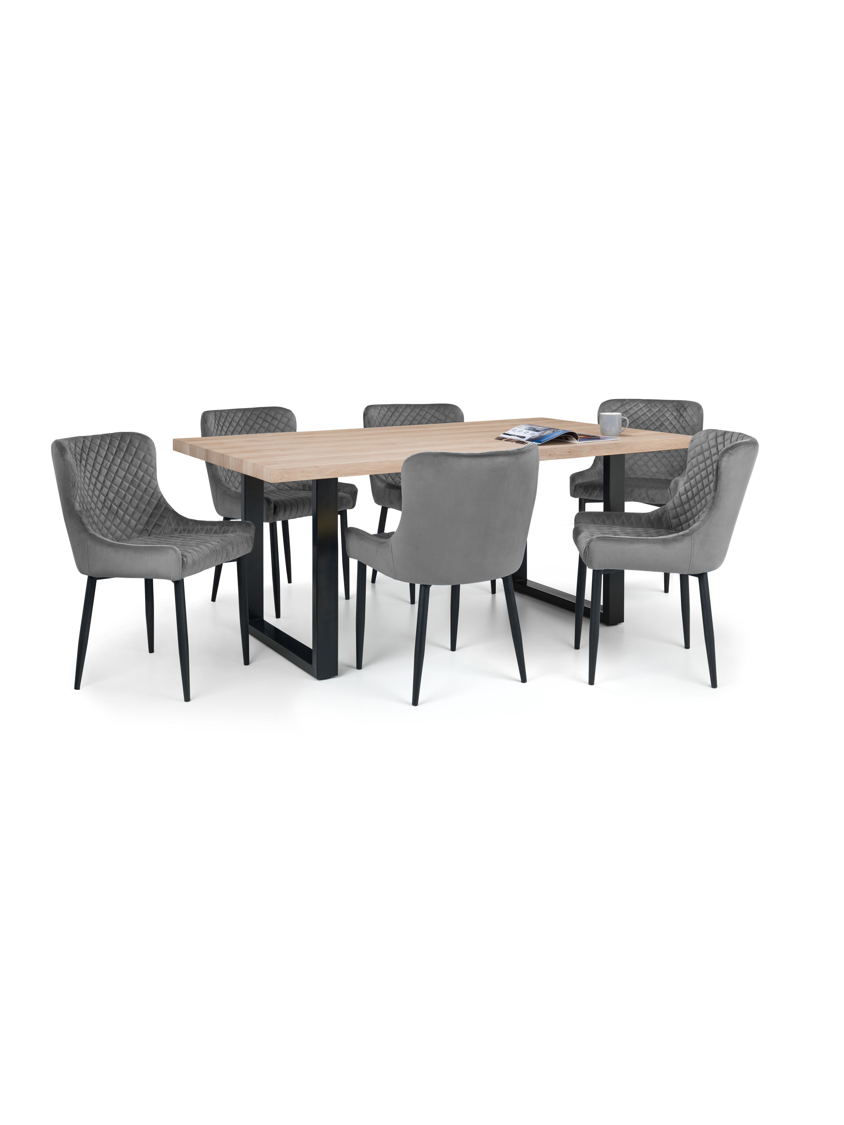 Berwick Rectangular Table and 6 Grey plush Chairs – Oak Effect