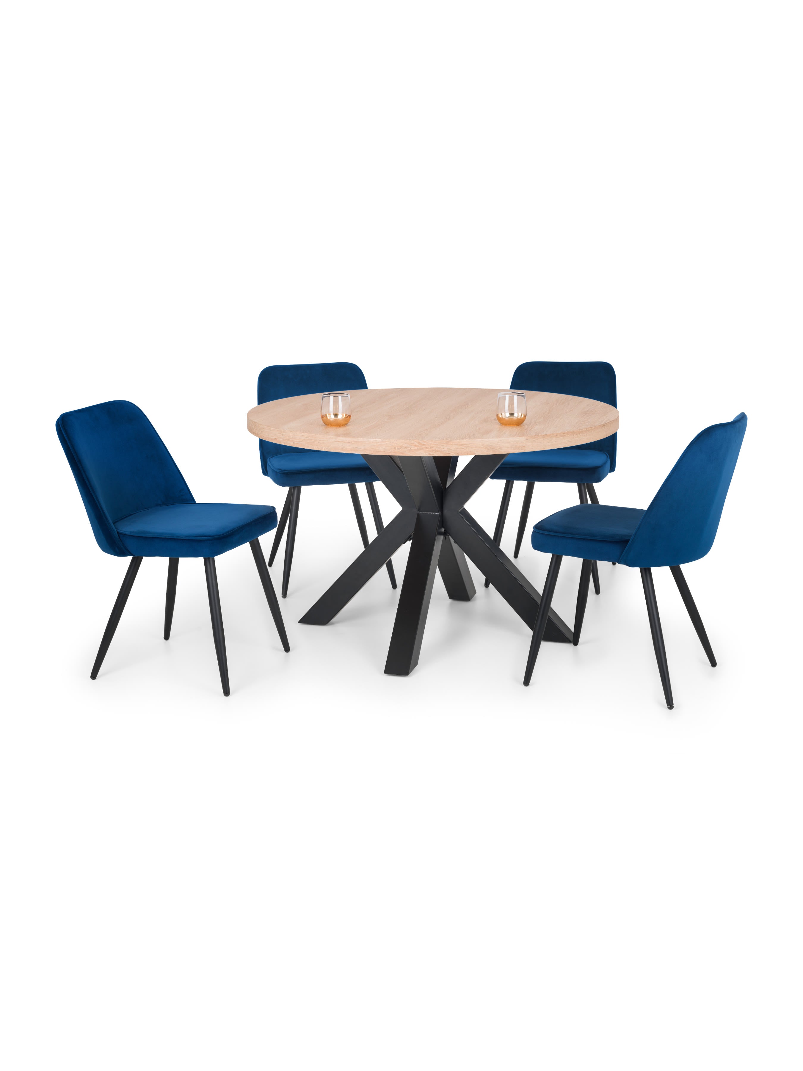 Berwick Round Table and 4 Blue Burgess Chairs – Oak Effect