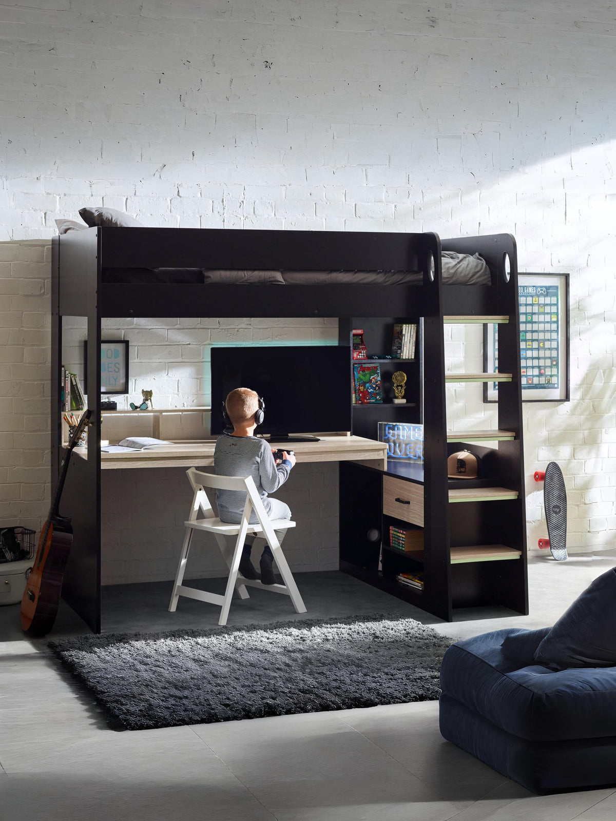 Blaze Gaming Highsleeper Bed - Black And Pale Wood