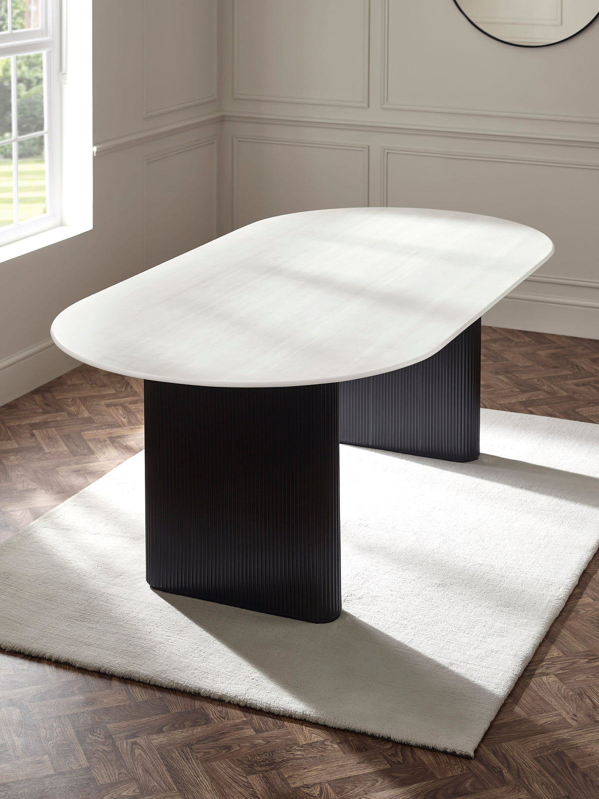 Bolivia 220cm White Stone Effect Oval Dining Table – White Stone Effect and Black