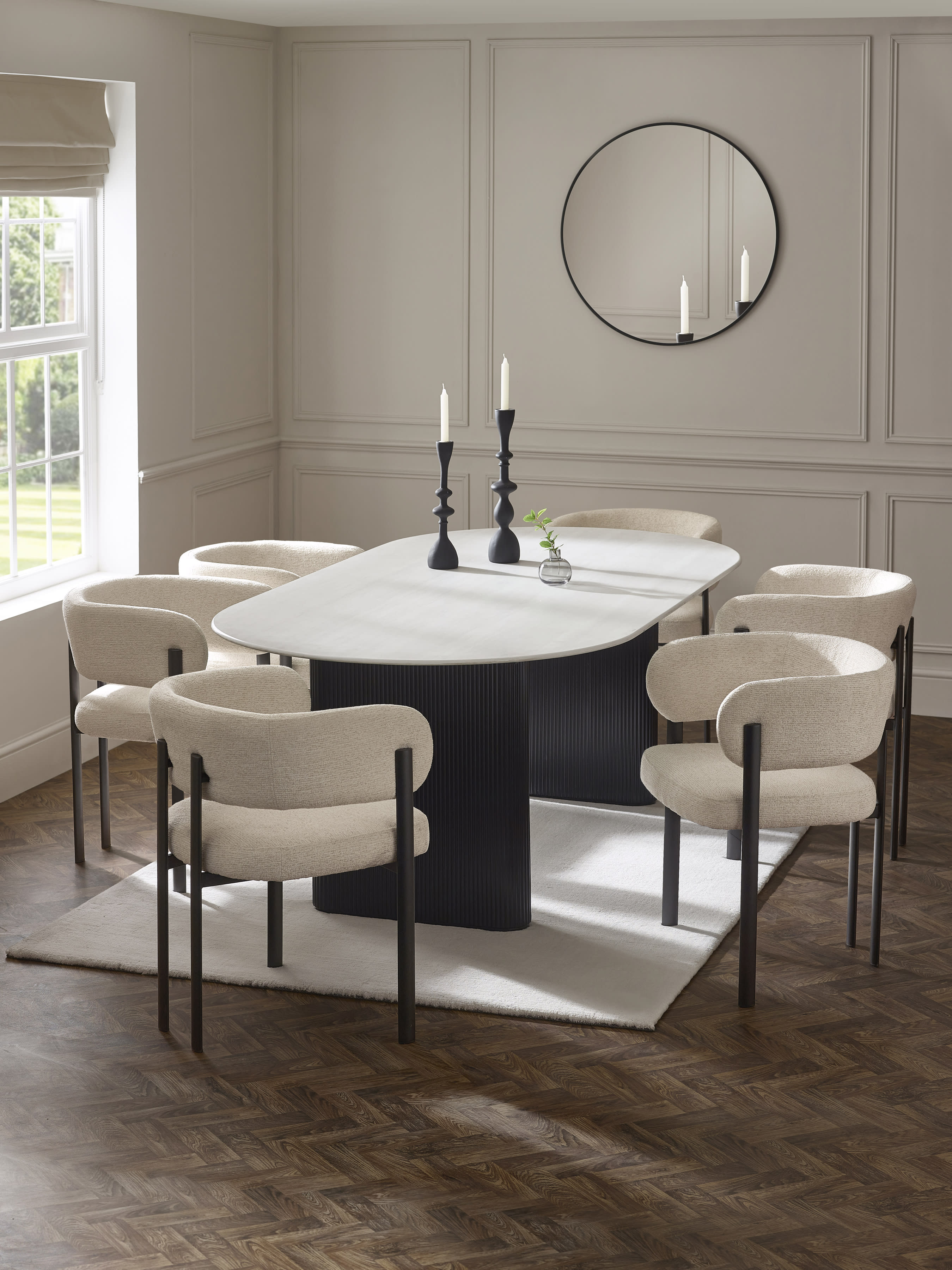 Bolivia White Stone Oval Dining Table Set with 6 Cream Chenille Upholstered Dining Chairs – White Stone Effect and Black